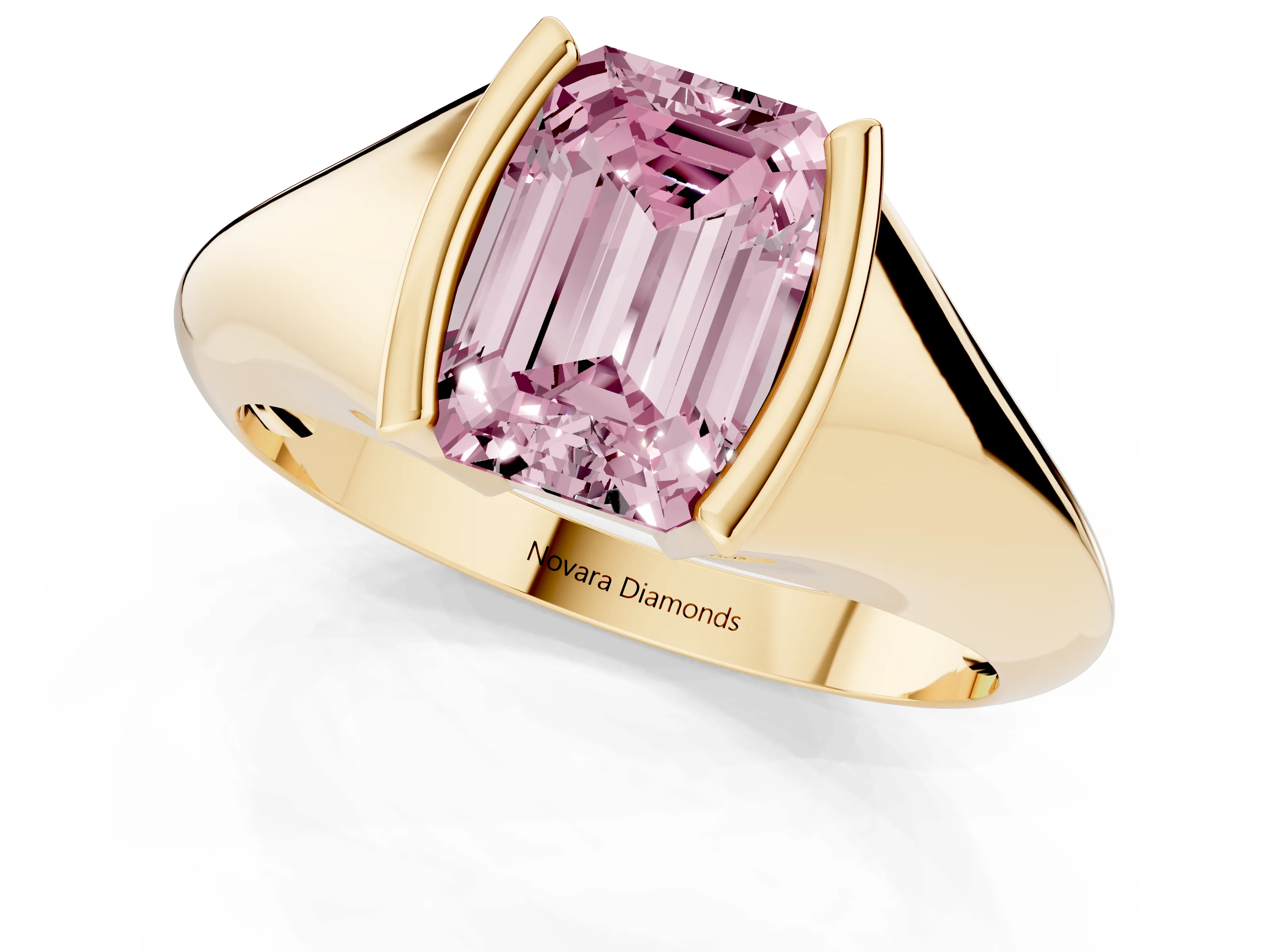 Fancy Pink Emerald Cut Diamond Solitaire Tension Set Ring Set in Yellow gold