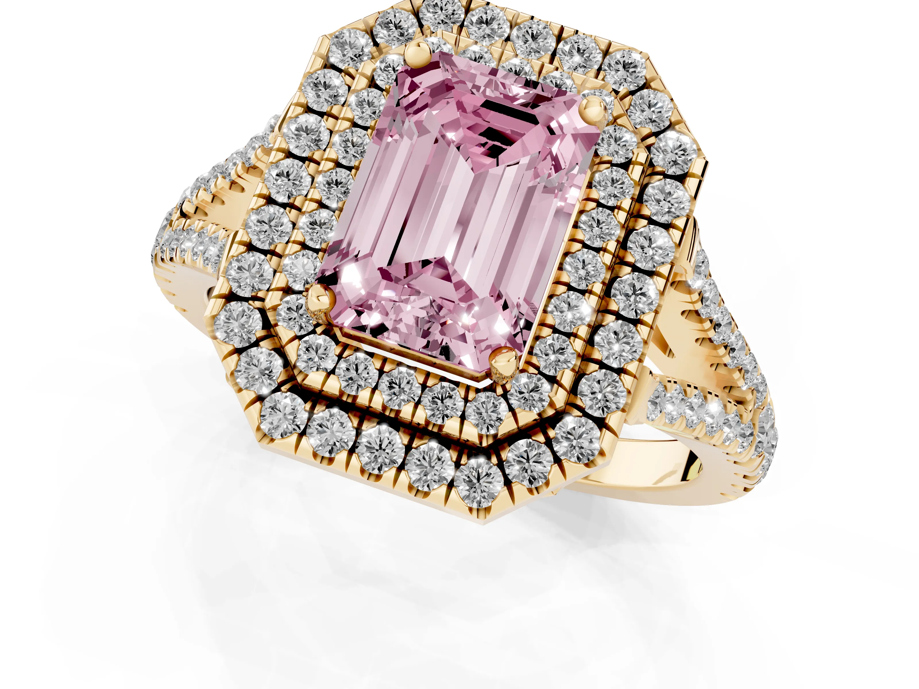 Fancy Pink Emerald Cut Diamond Double Halo Ring Set in Yellow gold with Pavé Band