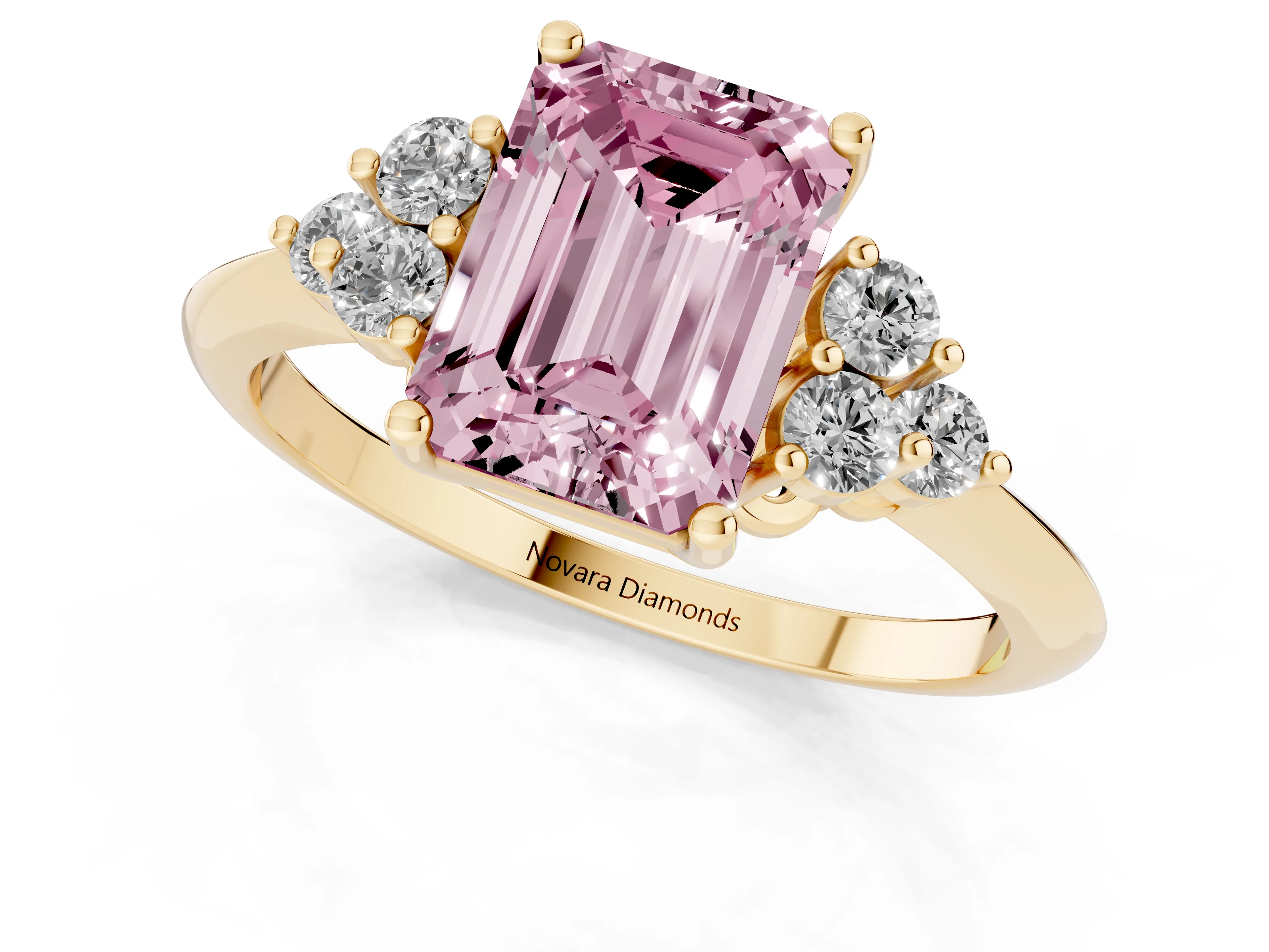Fancy Pink Emerald Cut Diamond Cluster Ring Set in Yellow gold with Plain Band and Prong Setting