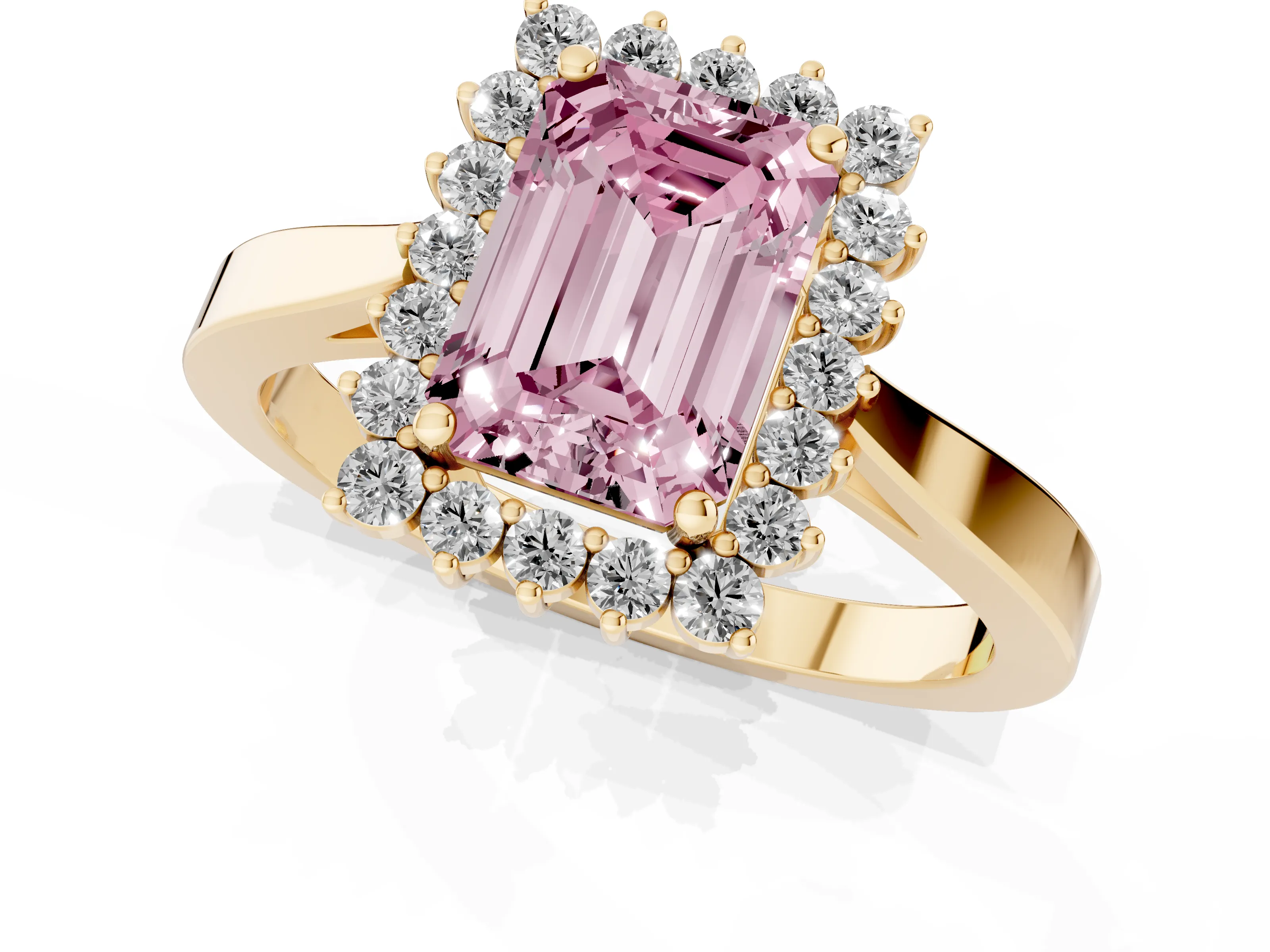 Fancy Pink Emerald Cut Diamond Halo Ring Set in Yellow gold with Round Halo and Smooth Solitaire Band