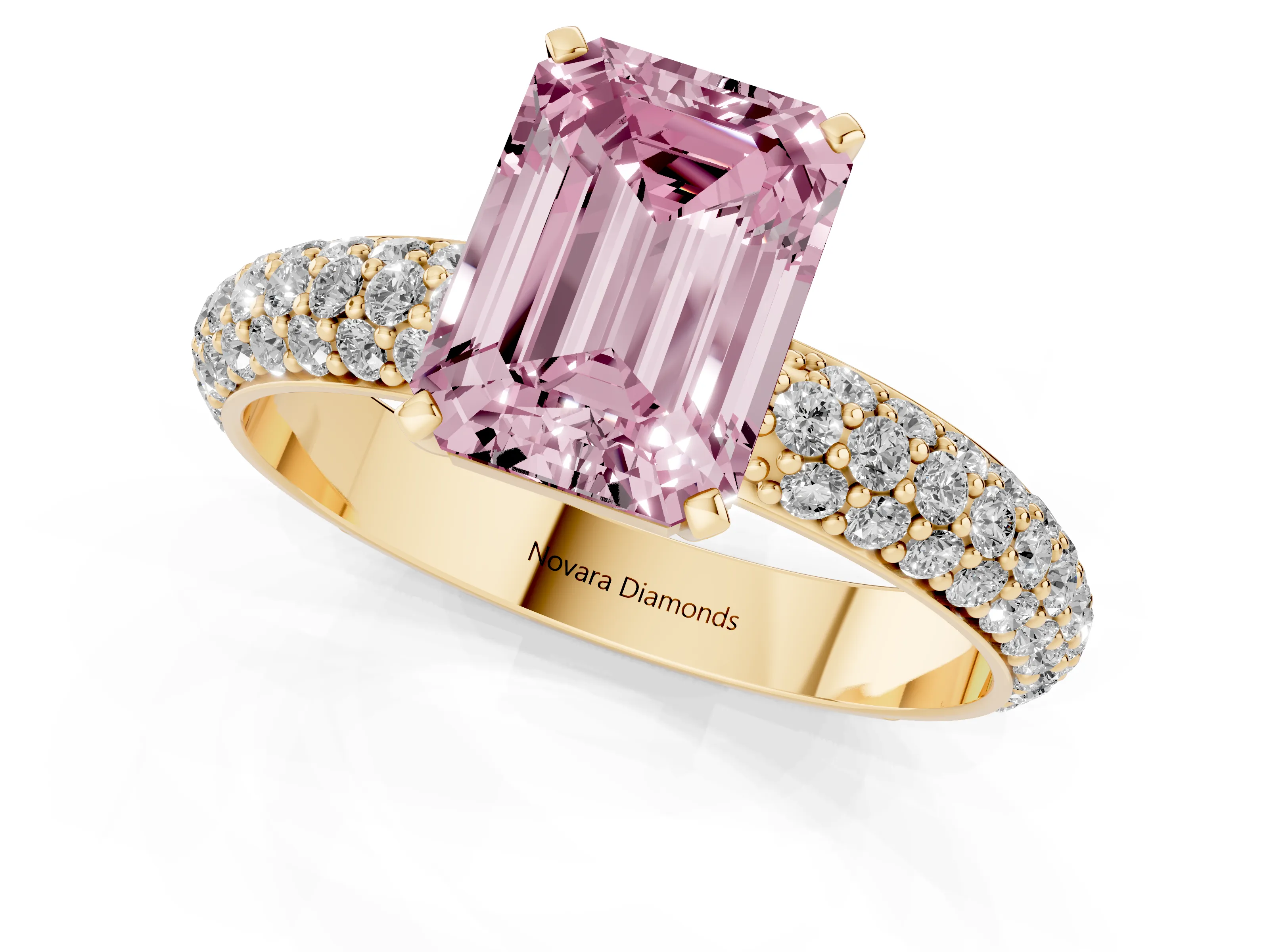 Fancy Pink Emerald Cut Diamond Solitaire Ring Set in Yellow gold with Prong Setting and Pavé-Set Band