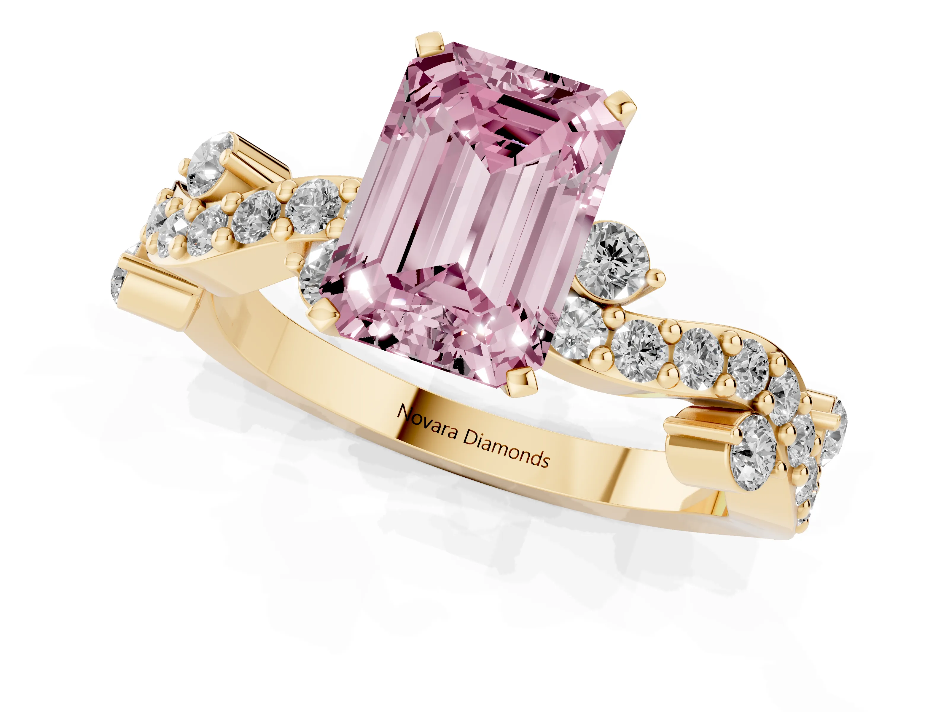 Fancy Pink Emerald Cut Diamond Solitaire Twisted Band Set in Yellow gold with Pavé Setting