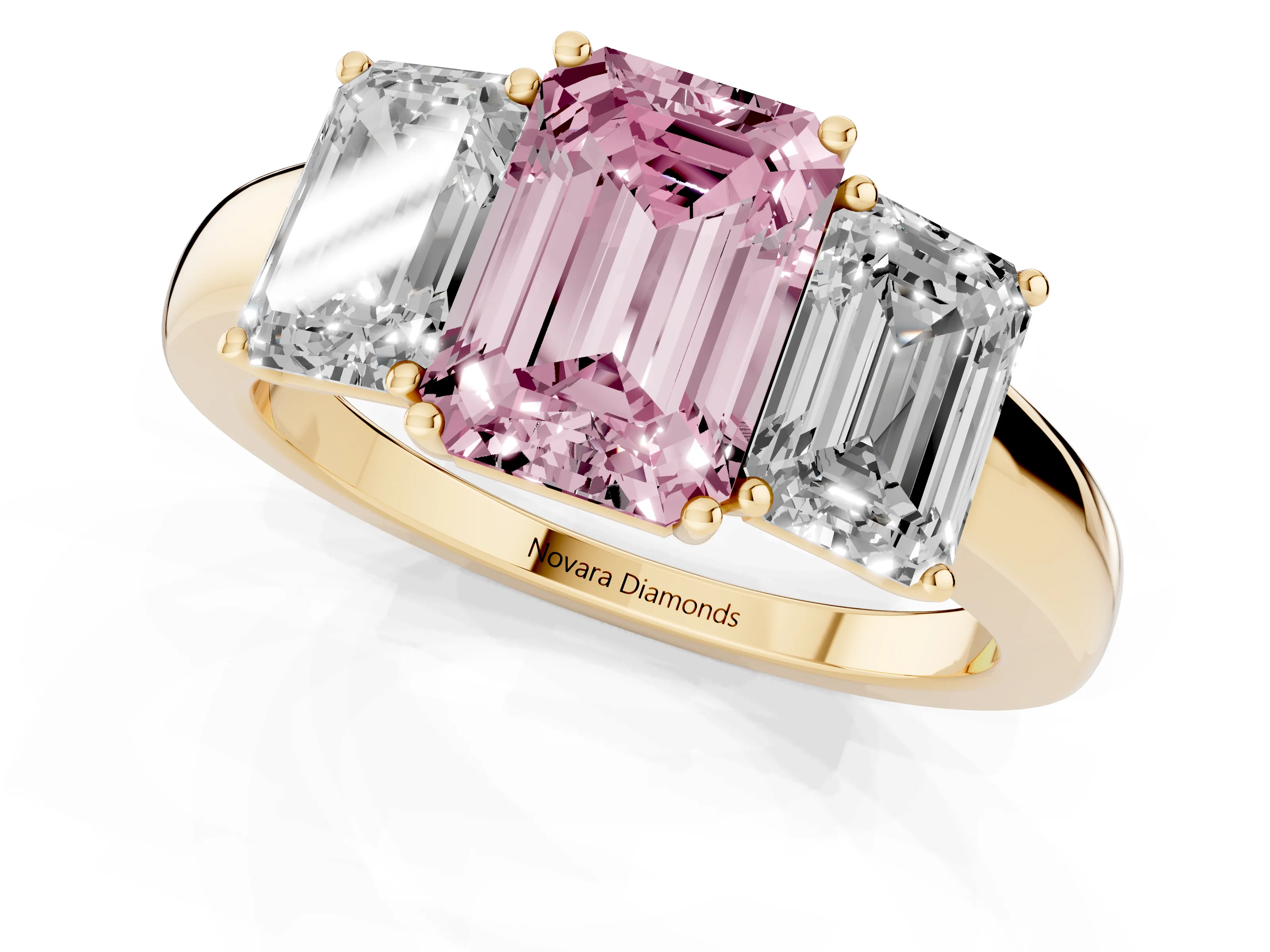 Fancy Pink Emerald Cut Diamond Three-Stone Ring Set in Yellow gold with Bold Center and Classic Band