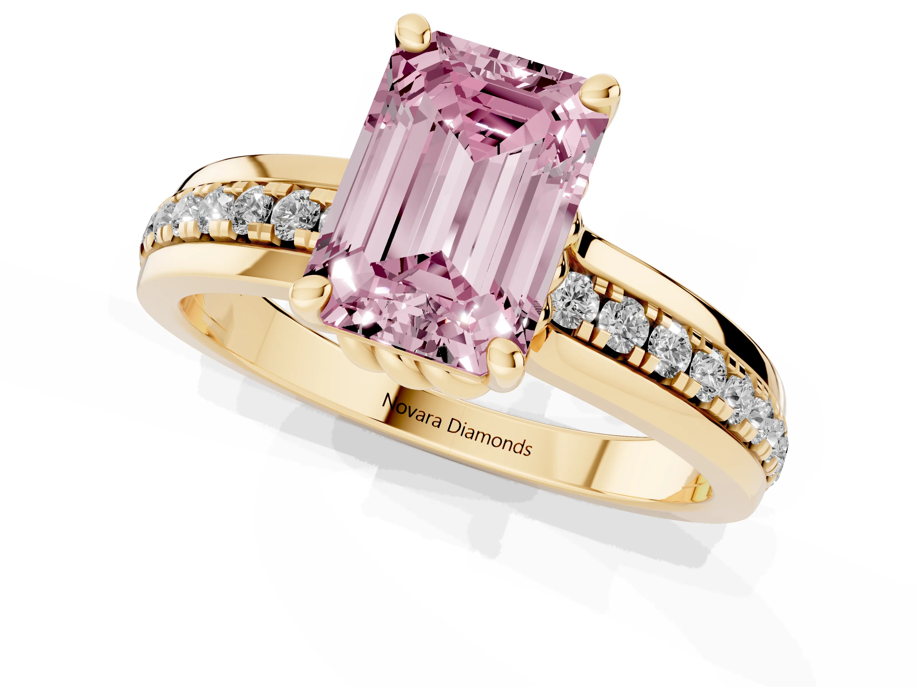 Fancy Pink Emerald Cut Diamond Solitaire Ring Set in Yellow gold with Channel Set Band and Prong Setting