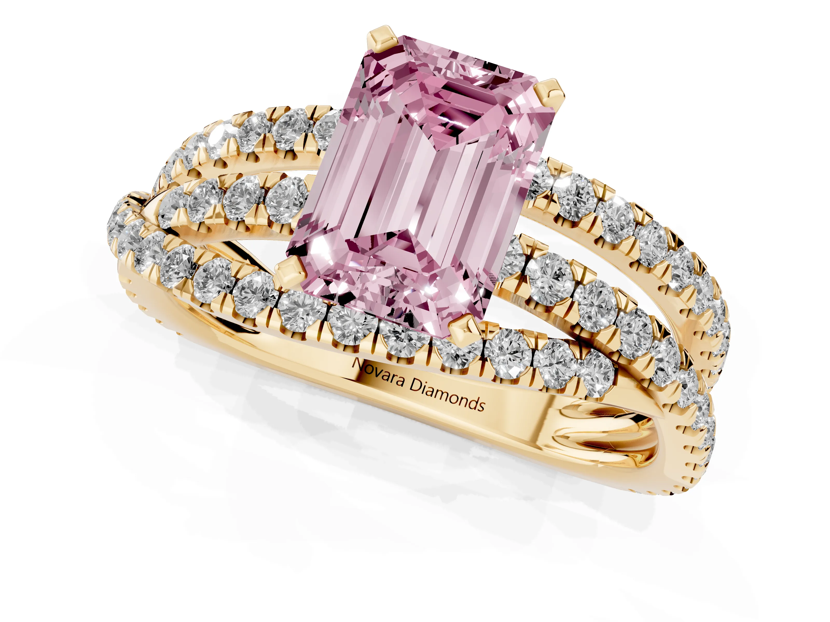 Fancy Pink Emerald Cut Diamond Solitaire Twist Band Ring Set in Yellow gold with Pavé Setting and Prong Head