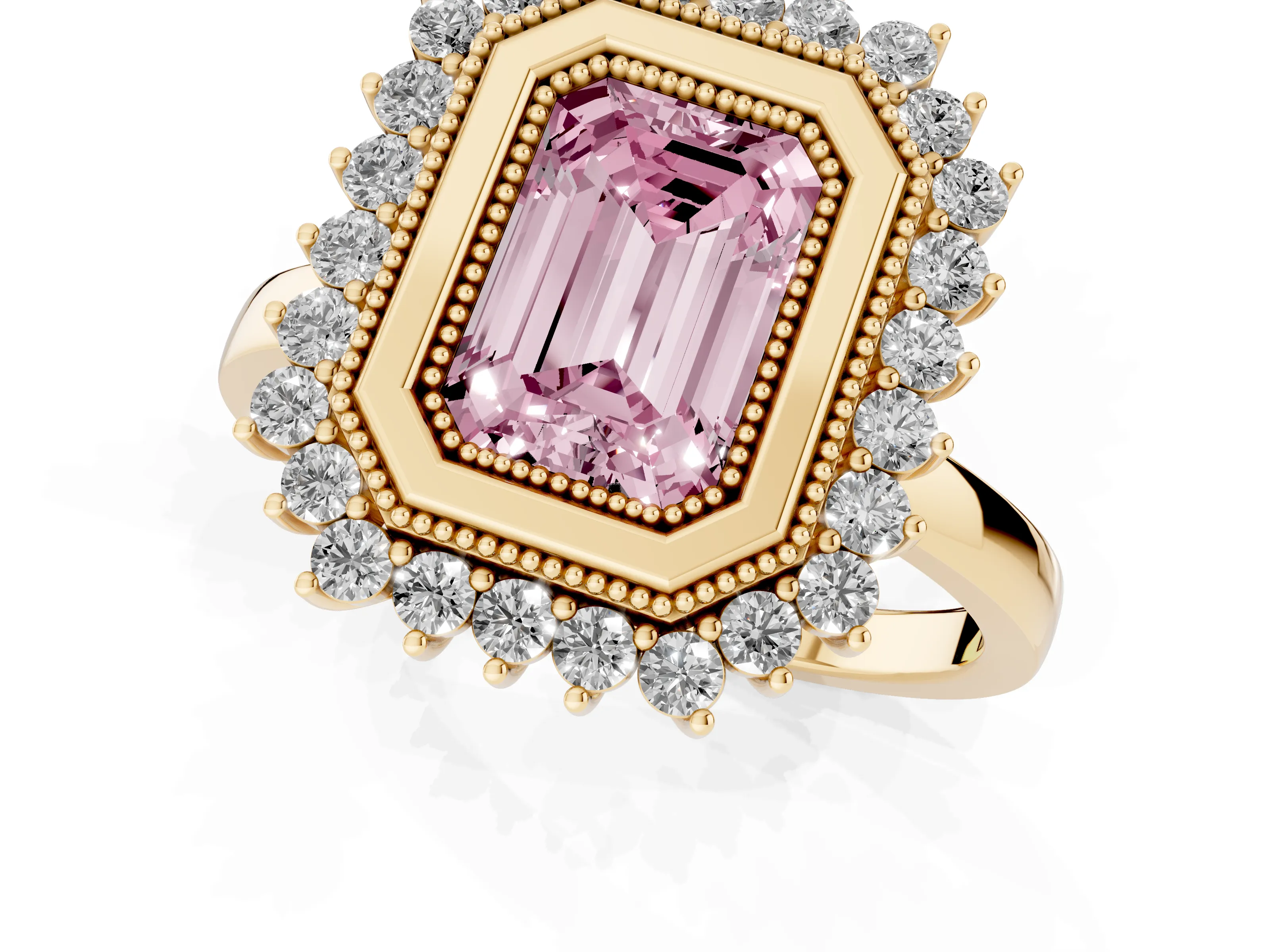 Fancy Pink Emerald Cut Diamond Halo Ring Set in Yellow gold with Milgrain Edge and Round Prong Setting