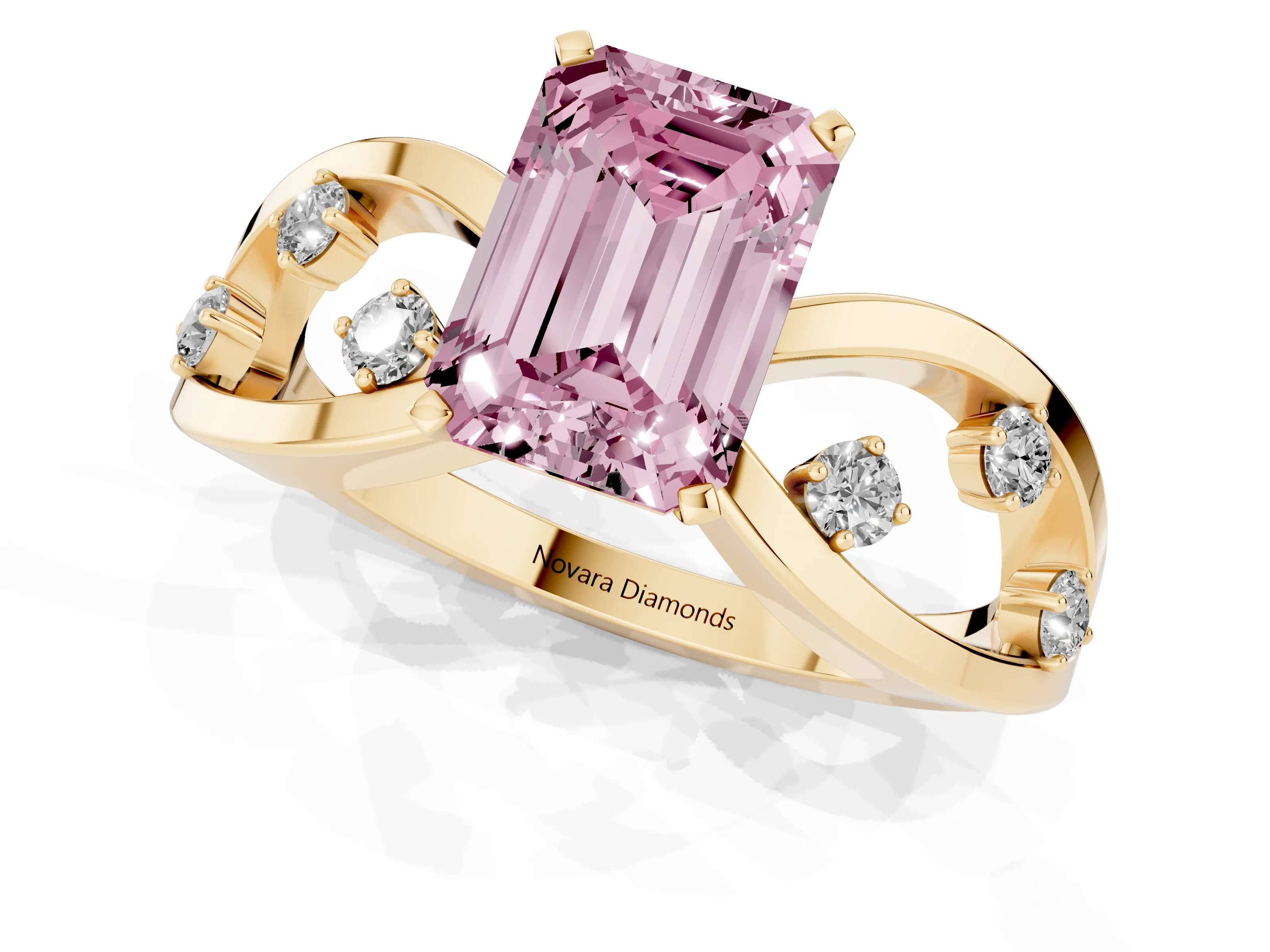 Fancy Pink Emerald Cut Diamond Solitaire Ring Set in Yellow gold with Side Stones on Criss-Cross Band and Prong Setting