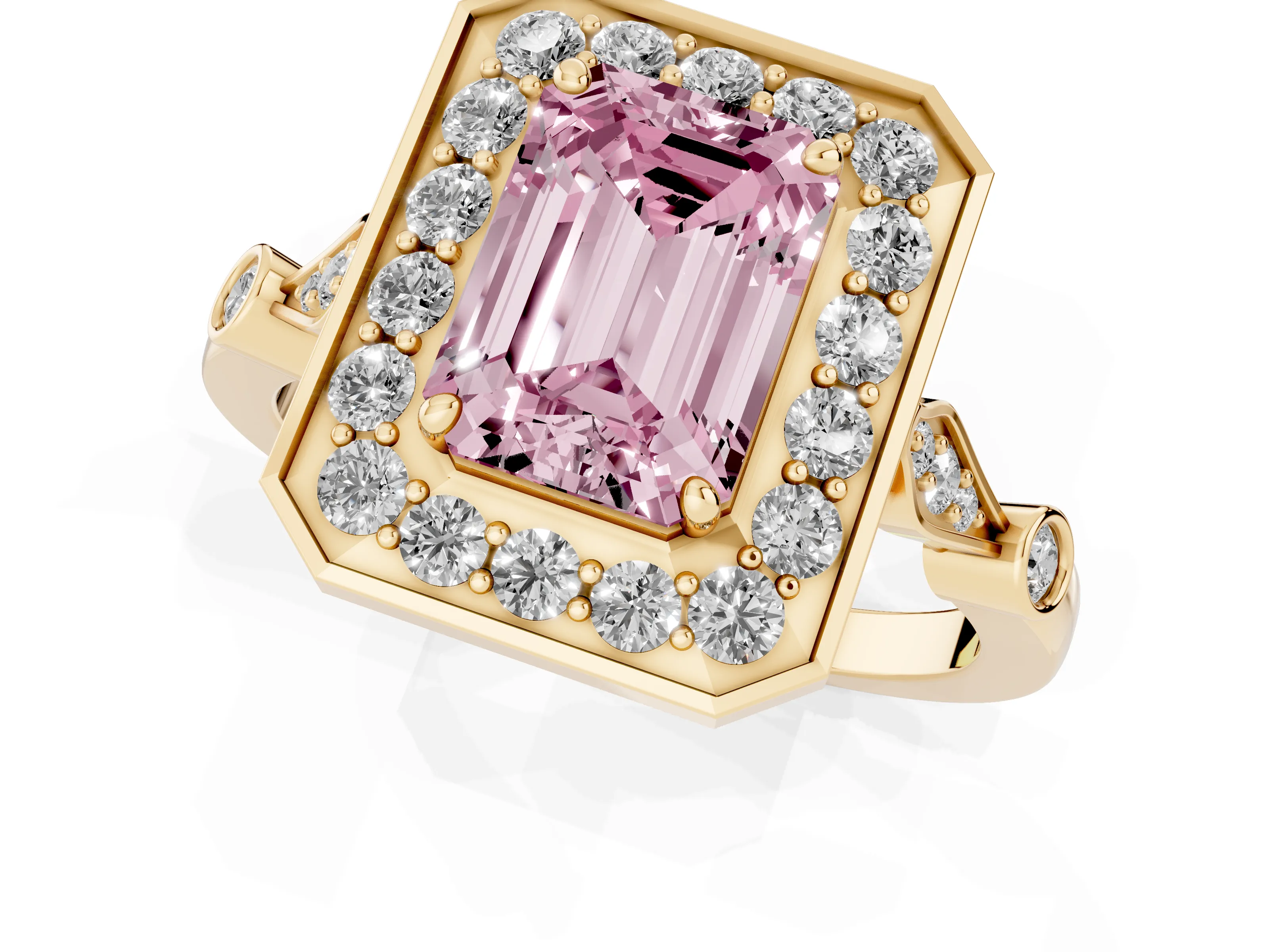 Fancy Pink Emerald Cut Diamond Halo Engagement Ring Set in Yellow gold with Twisted Band and Prong Setting