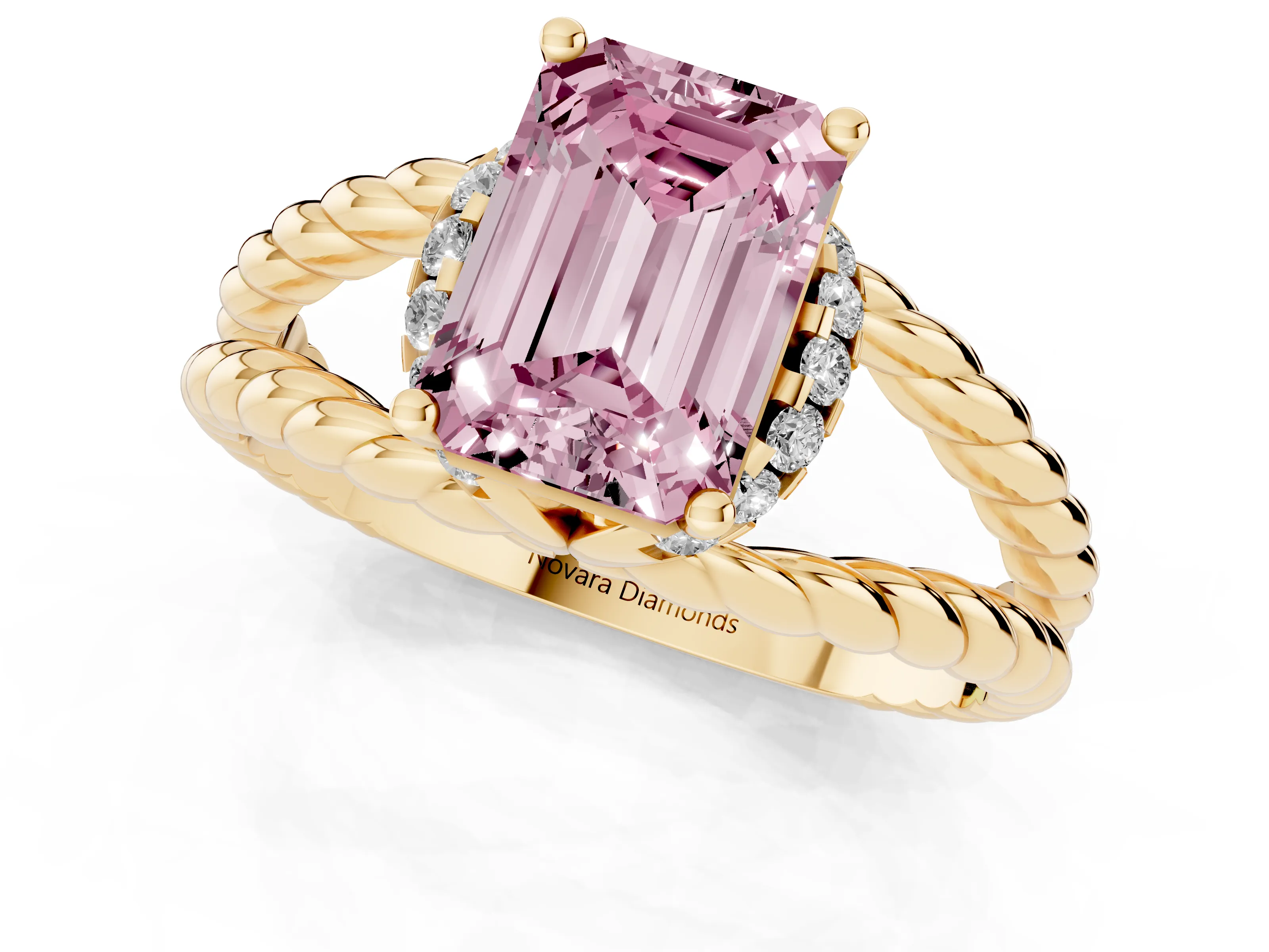 Fancy Pink Emerald Cut Diamond Halo Ring Set in Yellow gold with Twisted Band and Prong Setting