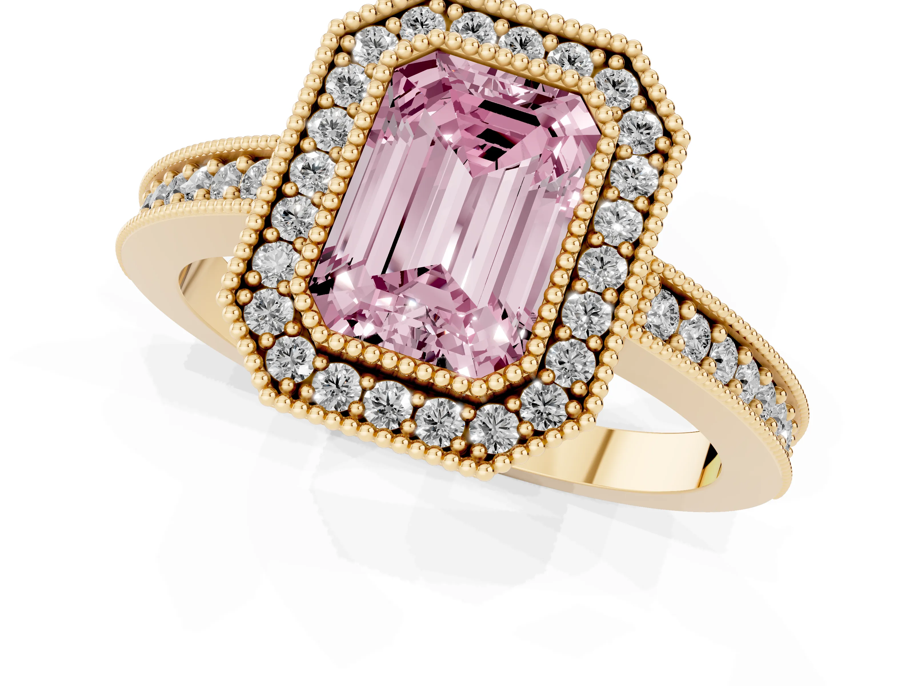 Fancy Pink Emerald Cut Diamond Halo Engagement Ring Set in Yellow gold with Pavé Band and Round Halo Stones