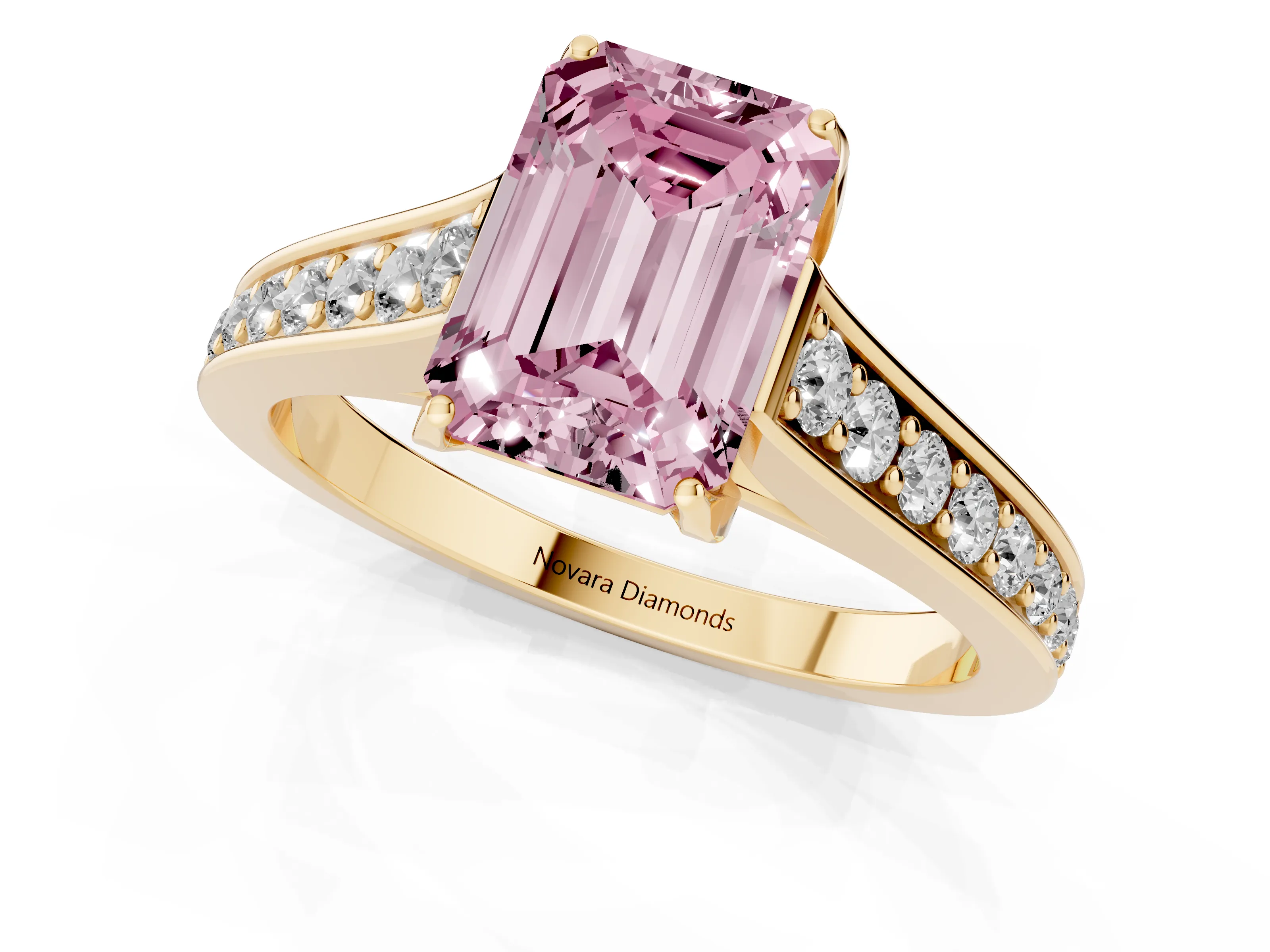 Fancy Pink Emerald Cut Diamond Solitaire Pavé Engagement Ring Set in Yellow gold with Prong Setting