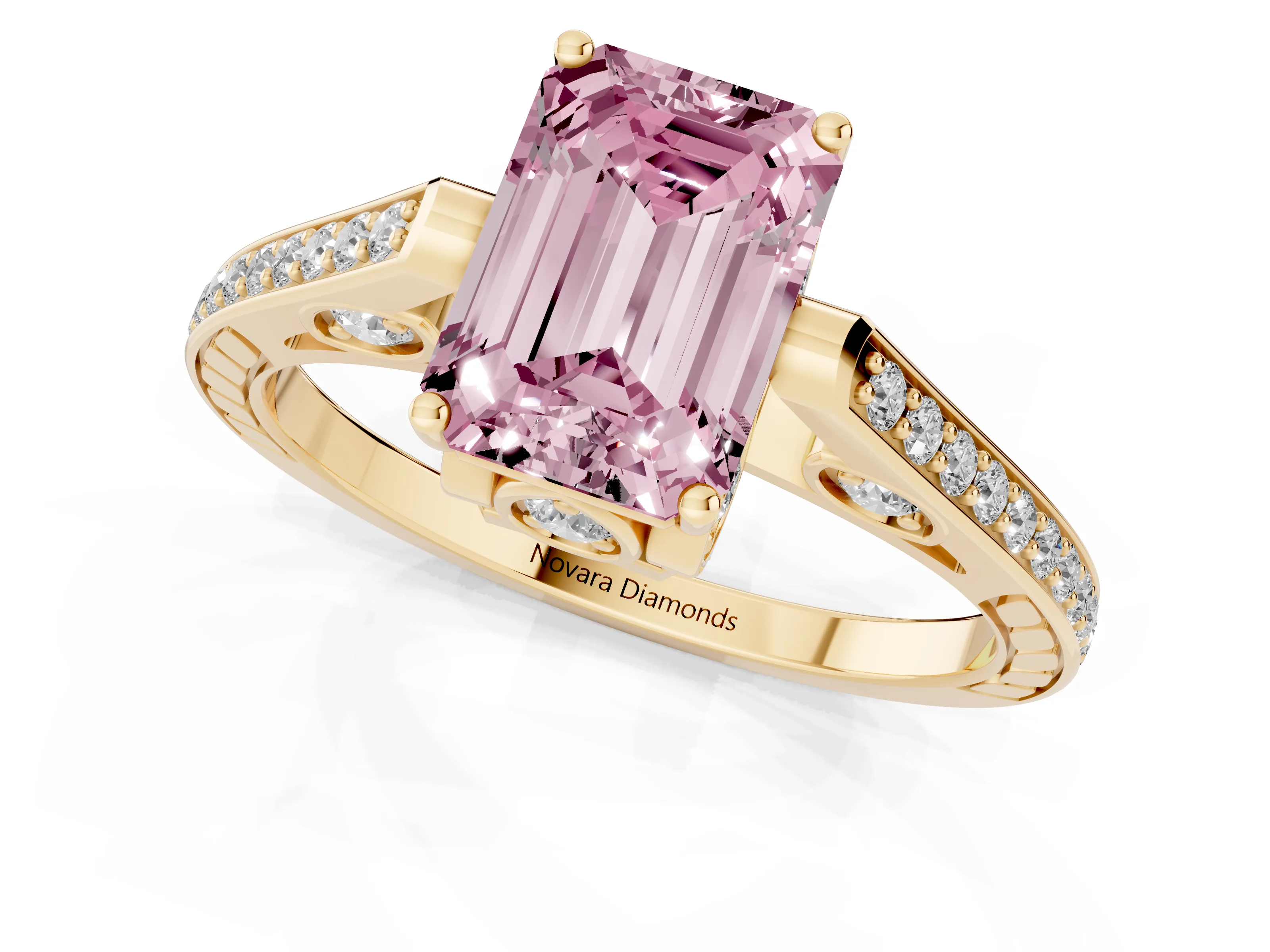 Fancy Pink Emerald Cut Diamond Cathedral Pavé Engagement Ring Set in Yellow gold with Prong Setting