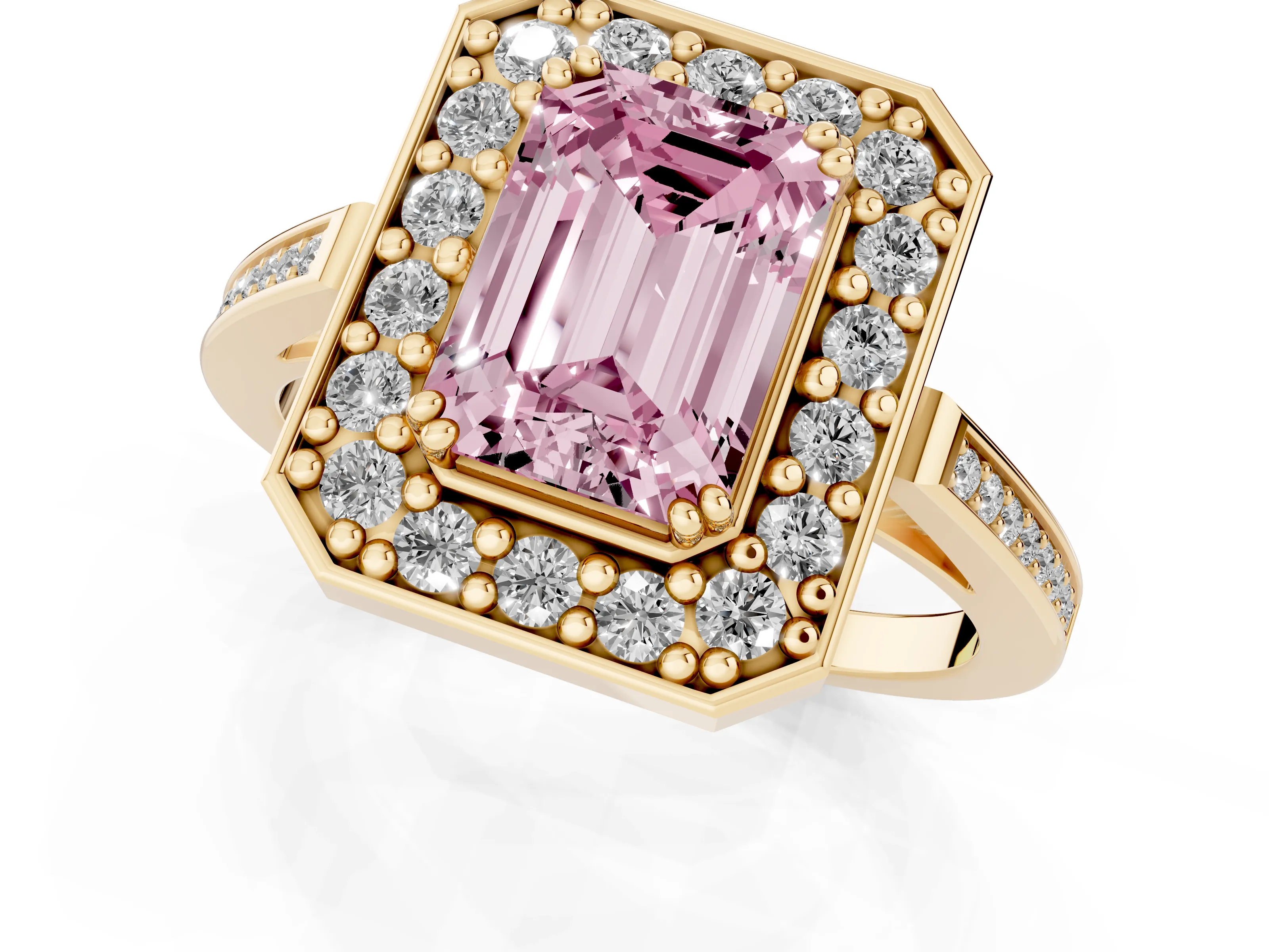 Fancy Pink Emerald Cut Diamond Halo Ring Set in Yellow gold with Accent-Lined Split Shank and Prong Setting