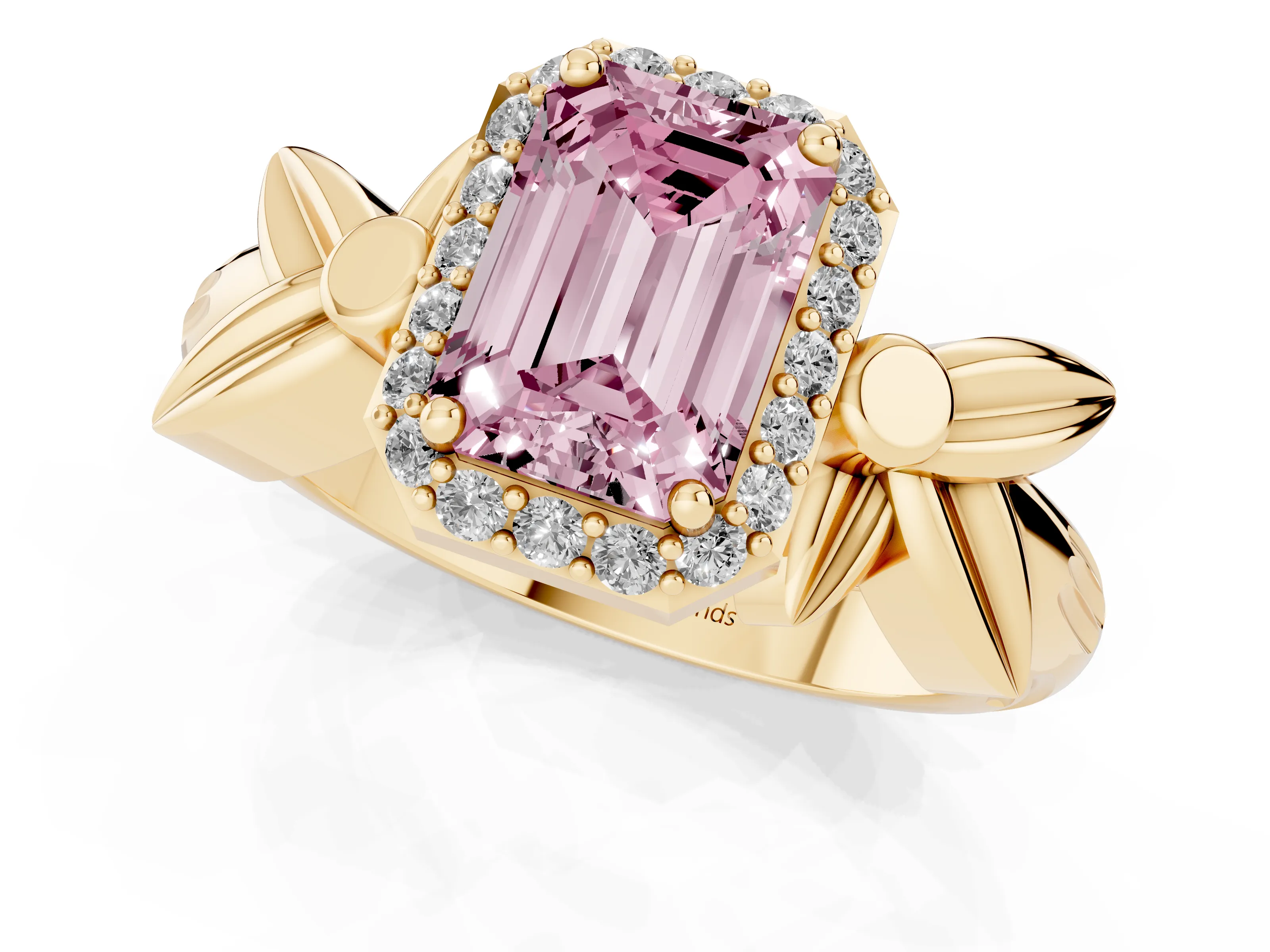 Fancy Pink Emerald Cut Diamond Halo Floral Band Ring Set in Yellow gold with Prong Setting