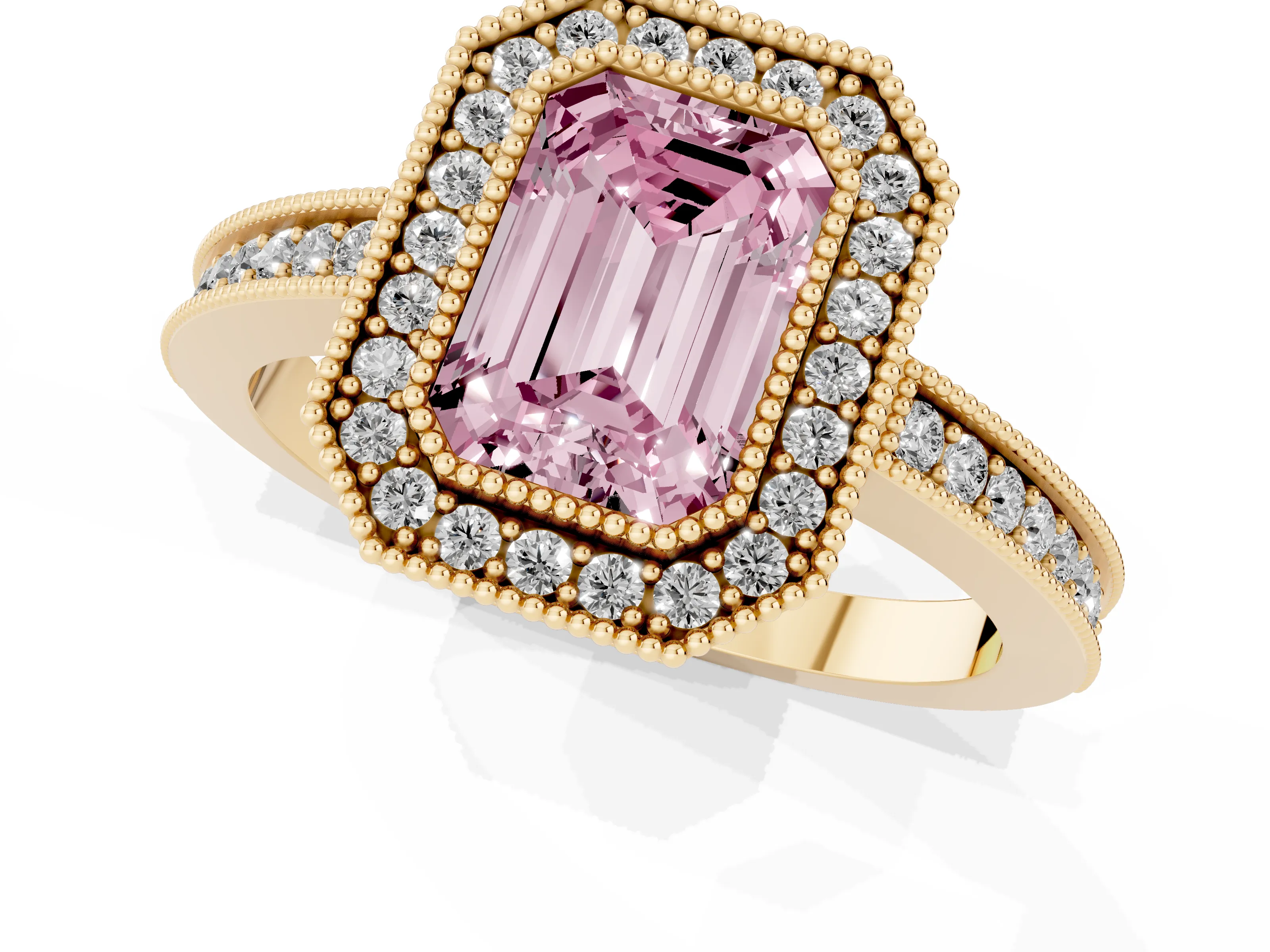 Fancy Pink Emerald Cut Diamond Round Halo Ring Set in Yellow gold with Pavé Band