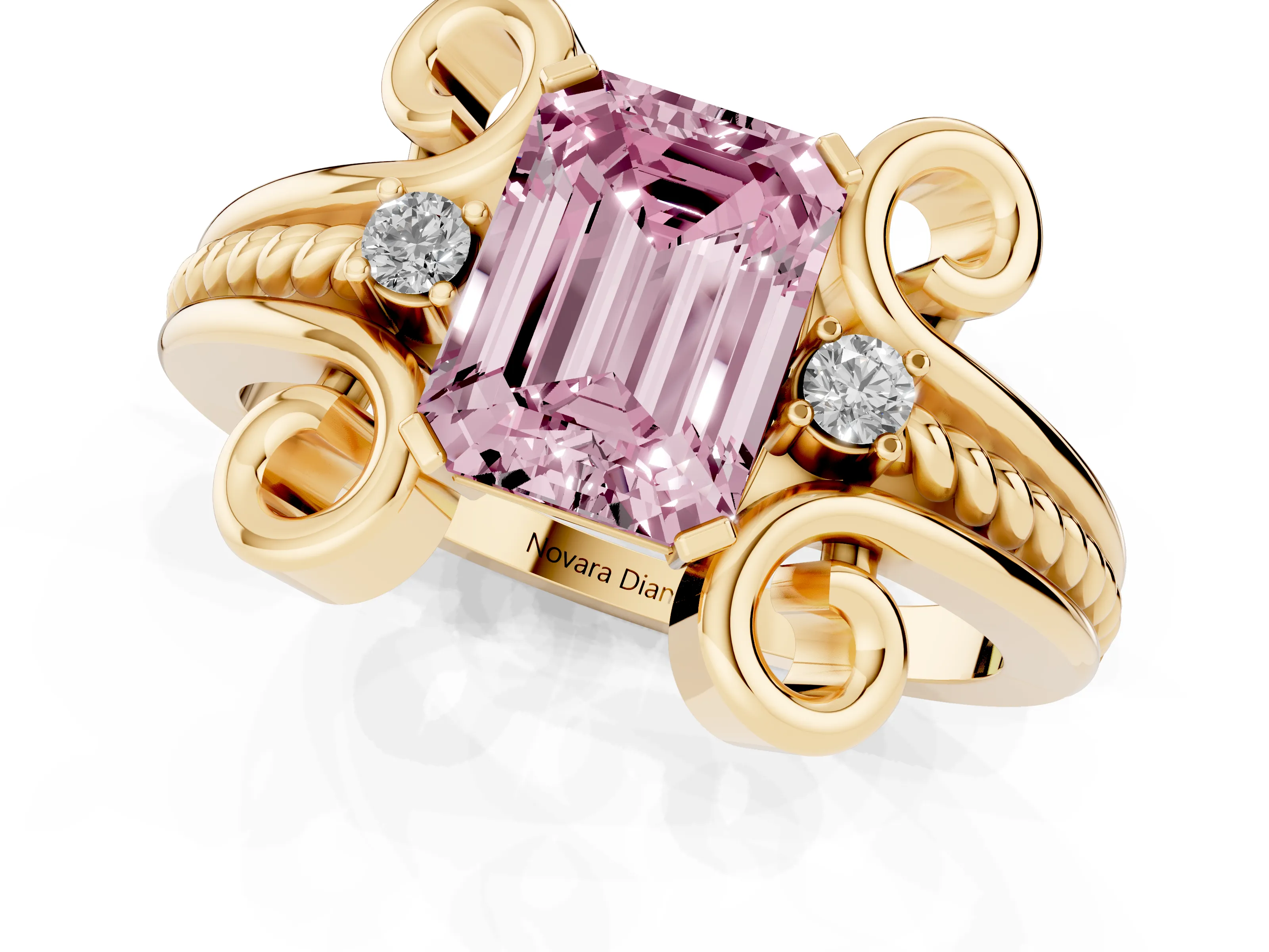 Fancy Pink Emerald Cut Diamond Twisted Band Solitaire Ring Set in Yellow gold with Scroll Prongs