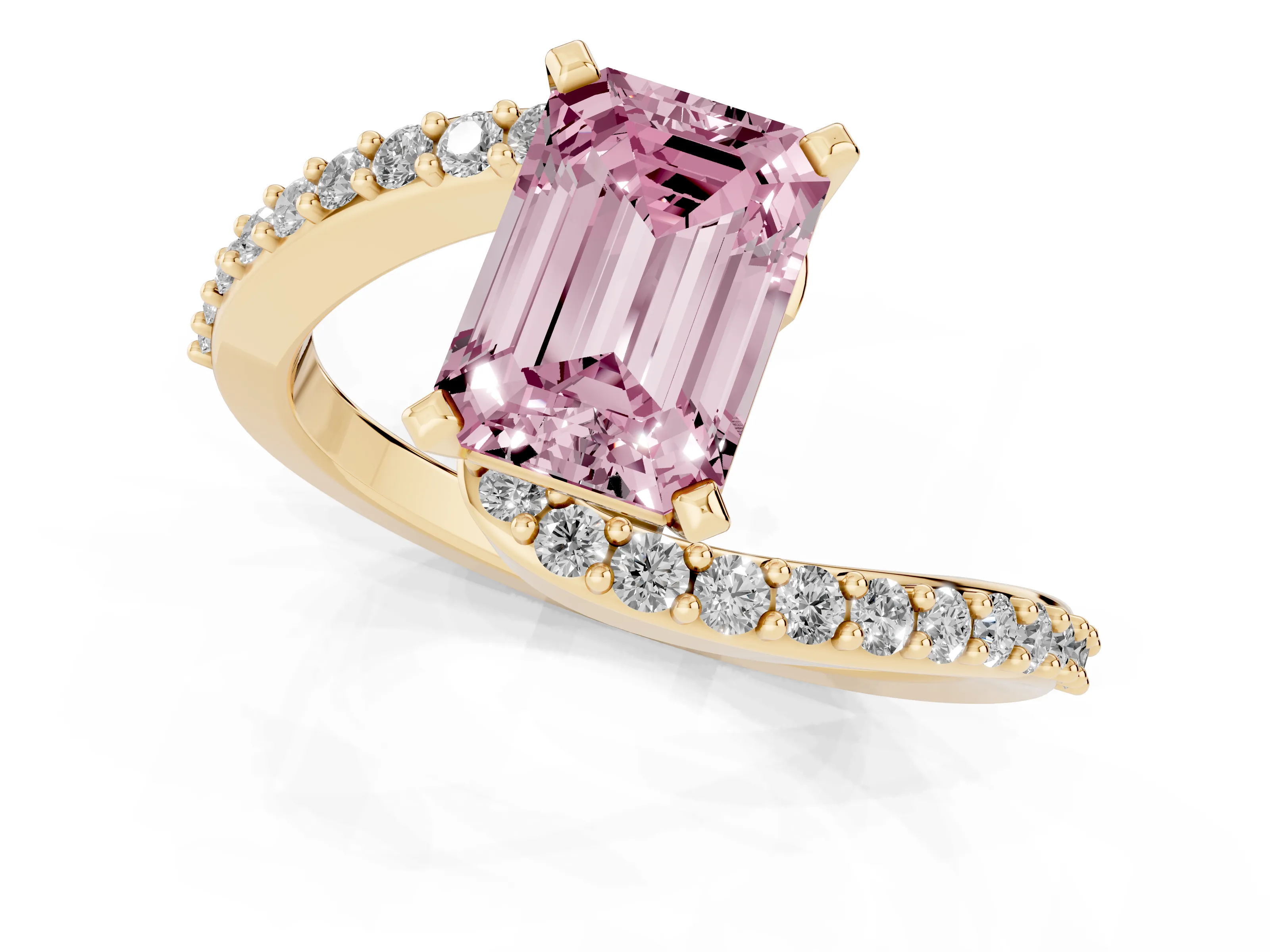 Fancy Pink Emerald Cut Diamond Solitaire Ring Set in Yellow gold with Pavé Twist Band and Prong Setting