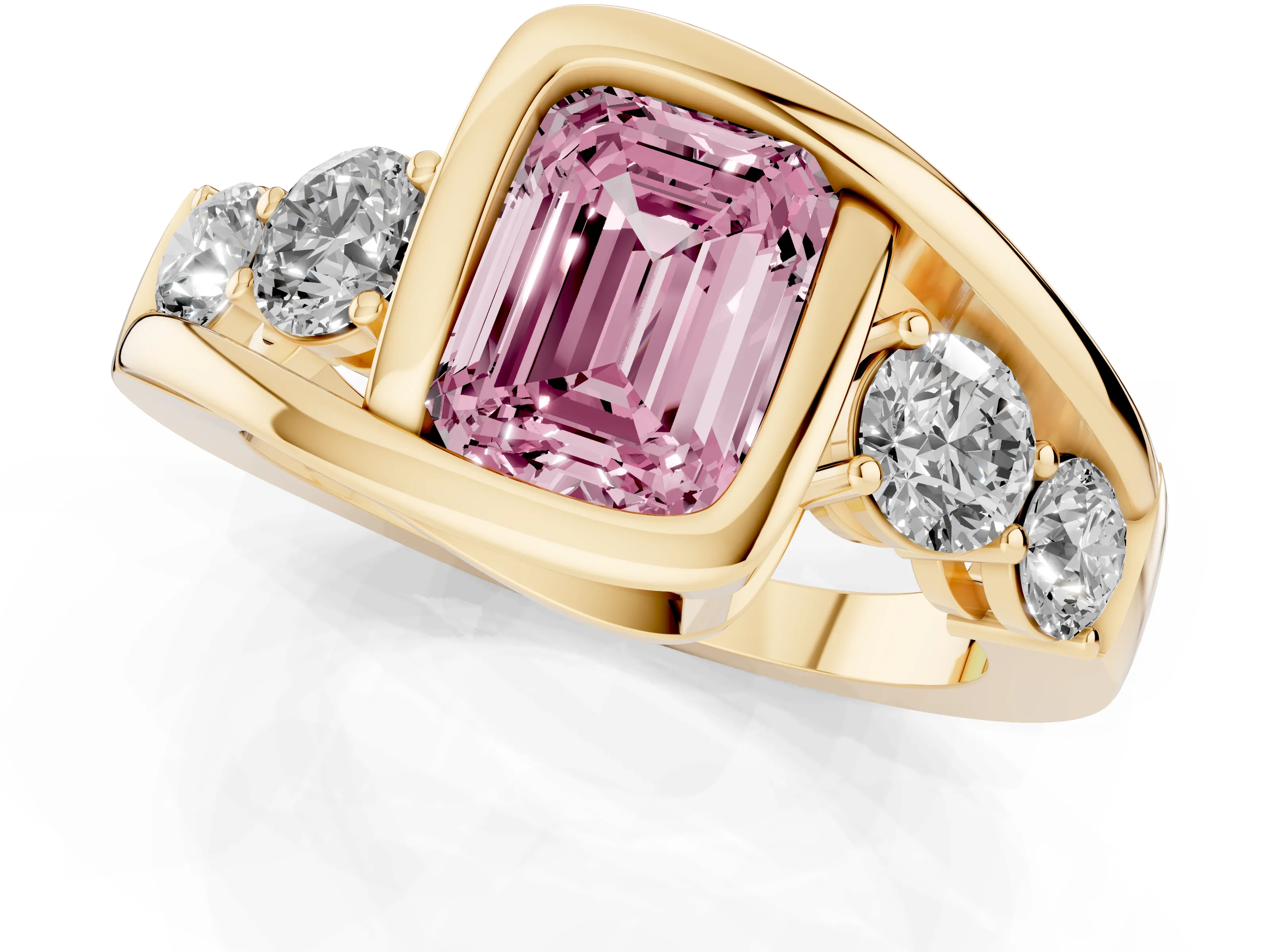 Fancy Pink Emerald Cut Diamond Bezel Bypass Ring Set in Yellow gold with Round Accents