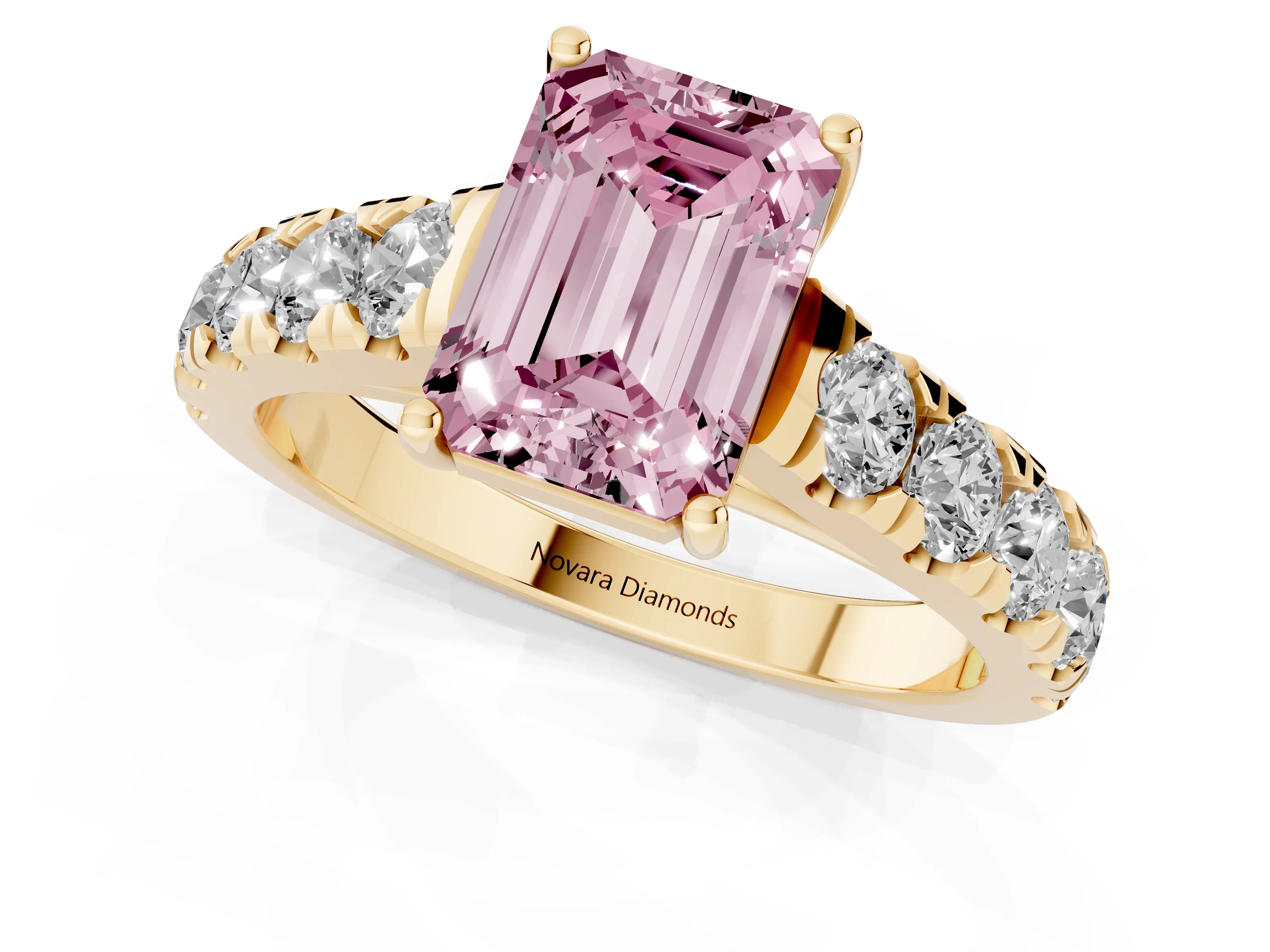 Fancy Pink Emerald Cut Diamond Solitaire Ring Set in Yellow gold with Cut-Down Micro Pavé Band and Prong Setting
