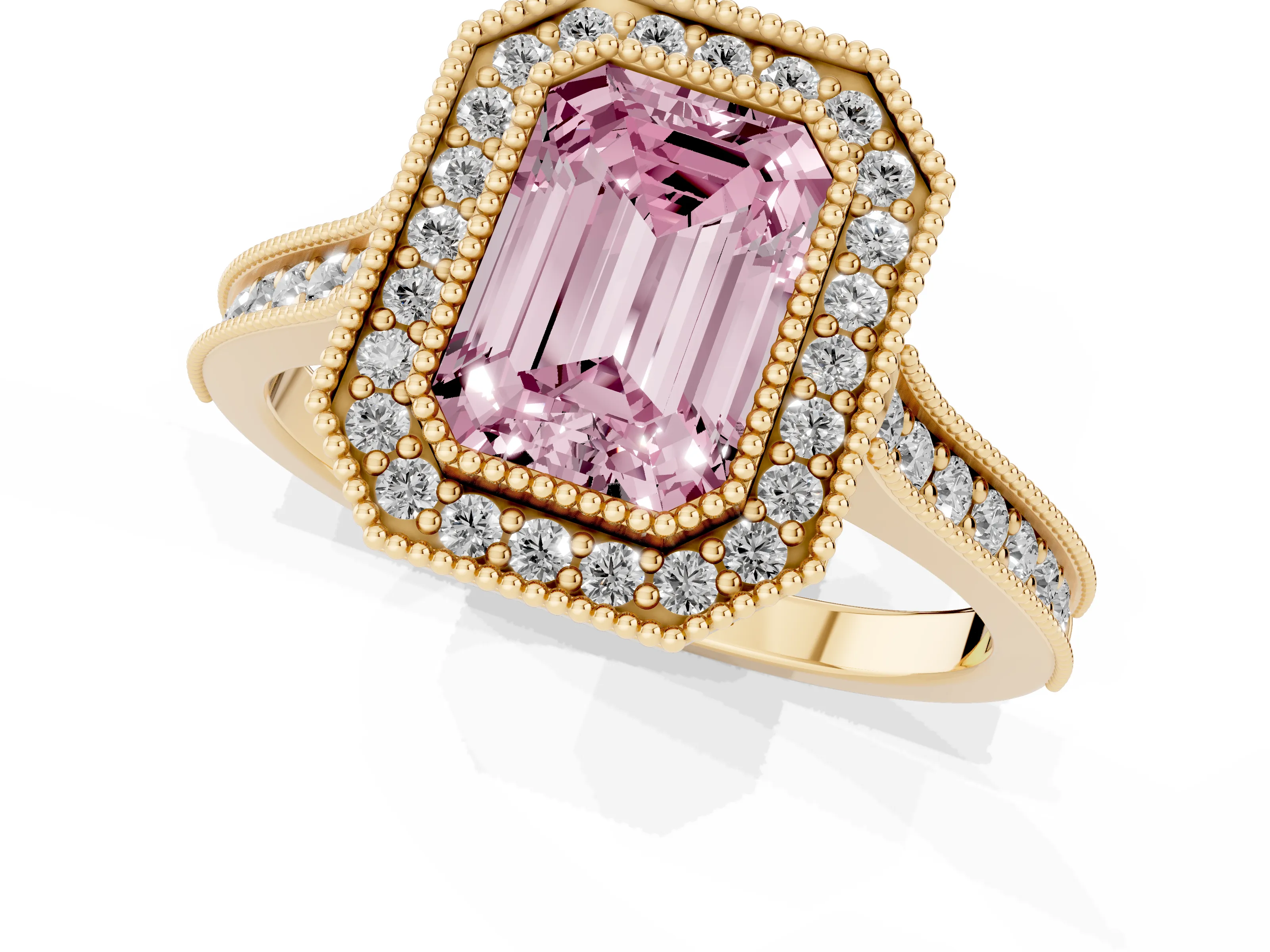 Fancy Pink Emerald Cut Diamond Halo Milgrain Pavé Band Ring Set in Yellow gold with Prong Setting
