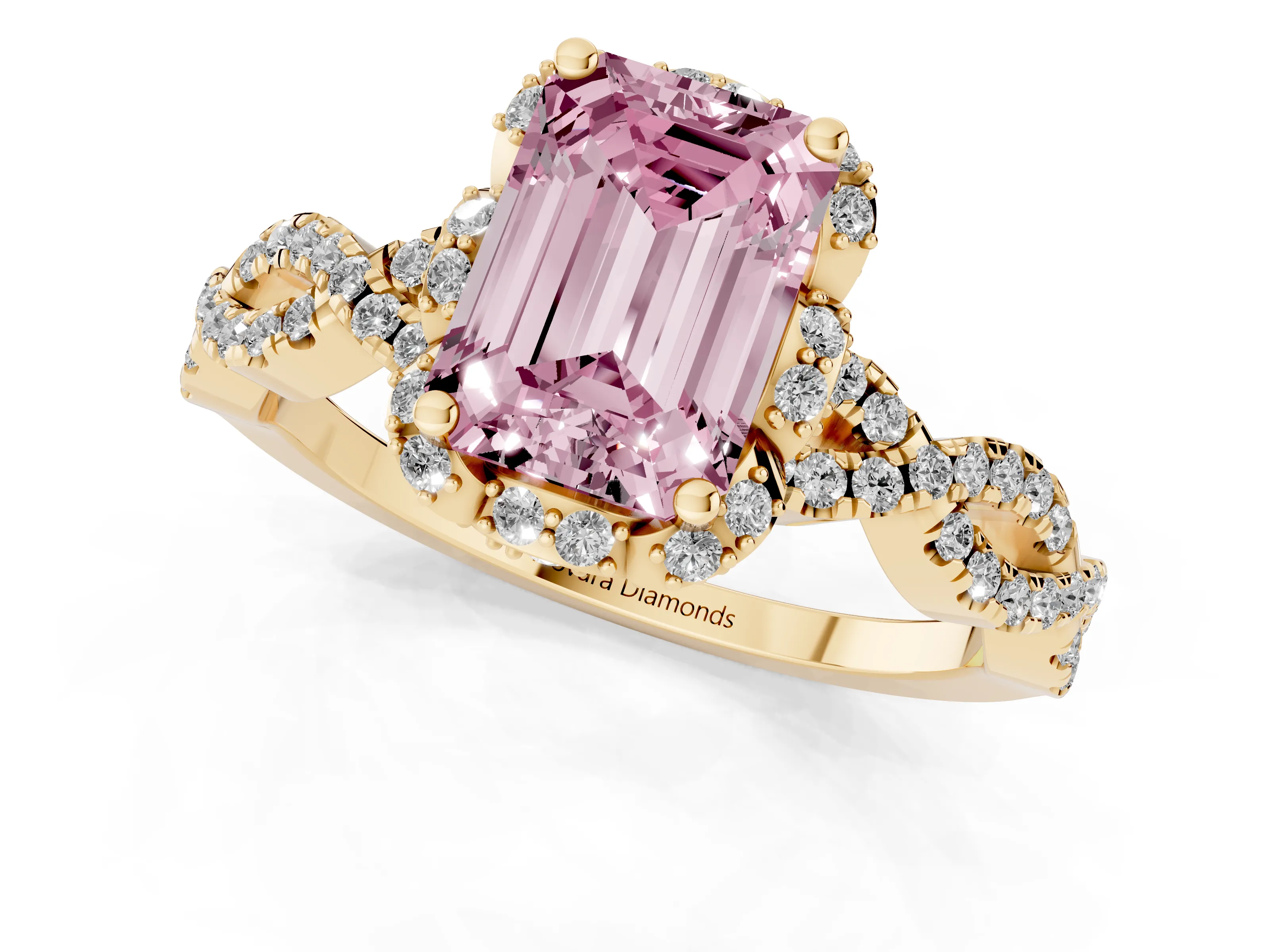Fancy Pink Emerald Cut Diamond Halo Twist Band Solitaire Ring Set in Yellow gold with Prong-Set Center Stone