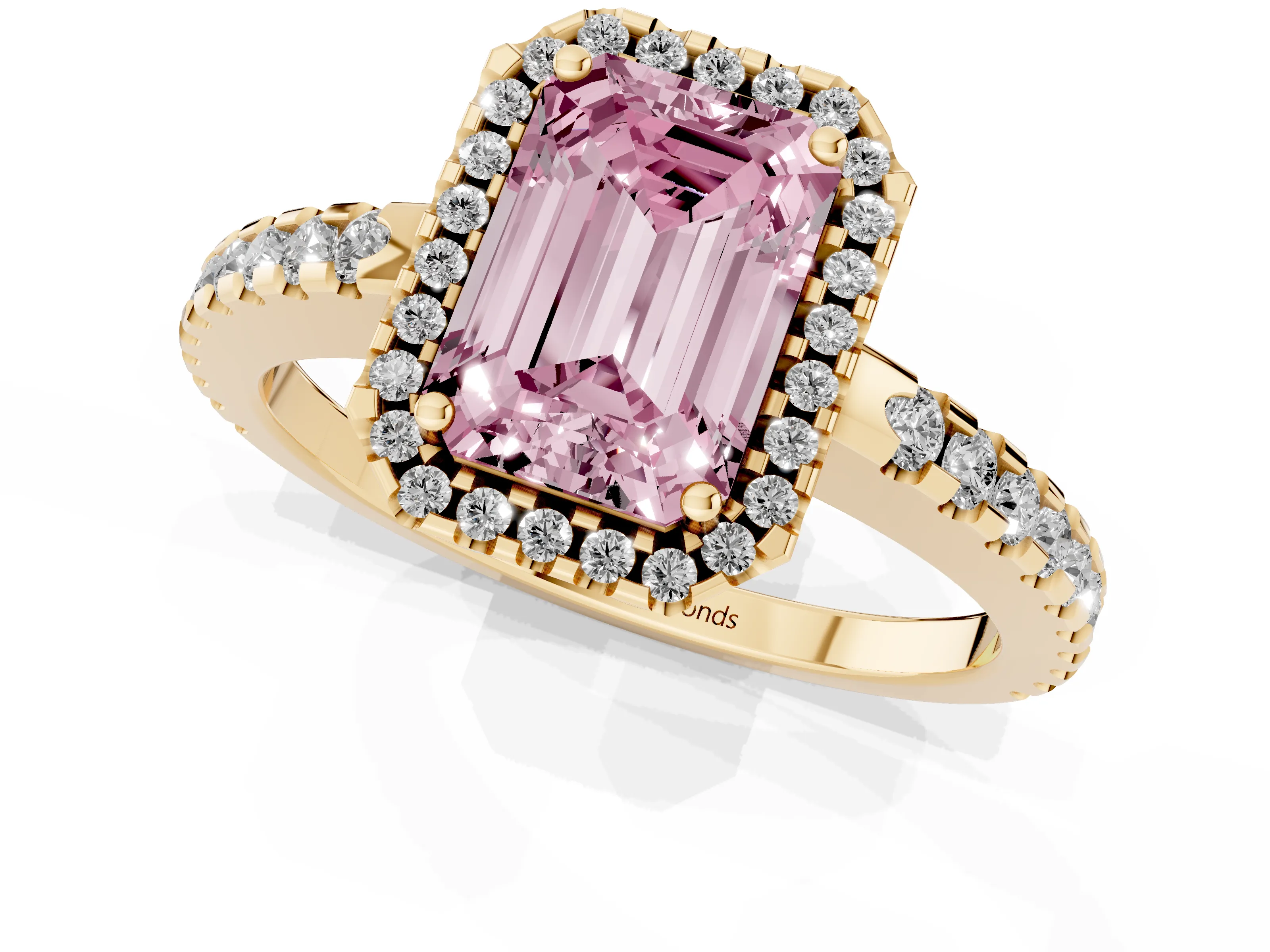 Fancy Pink Emerald Cut Diamond Halo Ring Set in Yellow gold with Pavé Shoulders and Halo-Framed Center