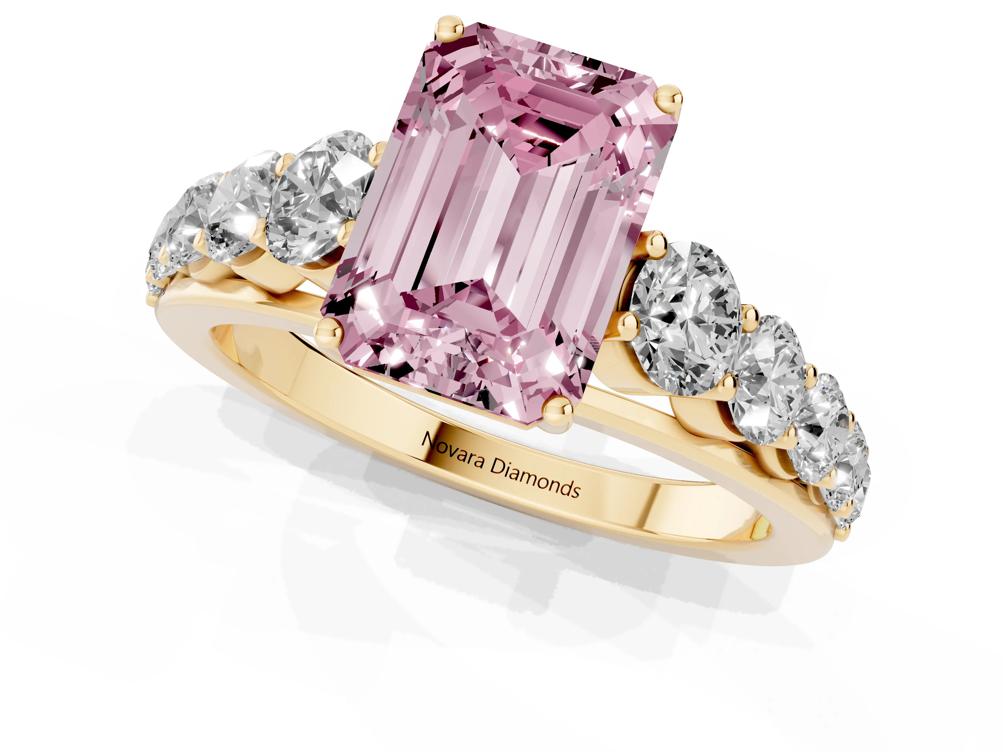 Fancy Pink Emerald Cut Diamond Solitaire Ring Set in Yellow gold with Pavé-Set Band and Prong Setting