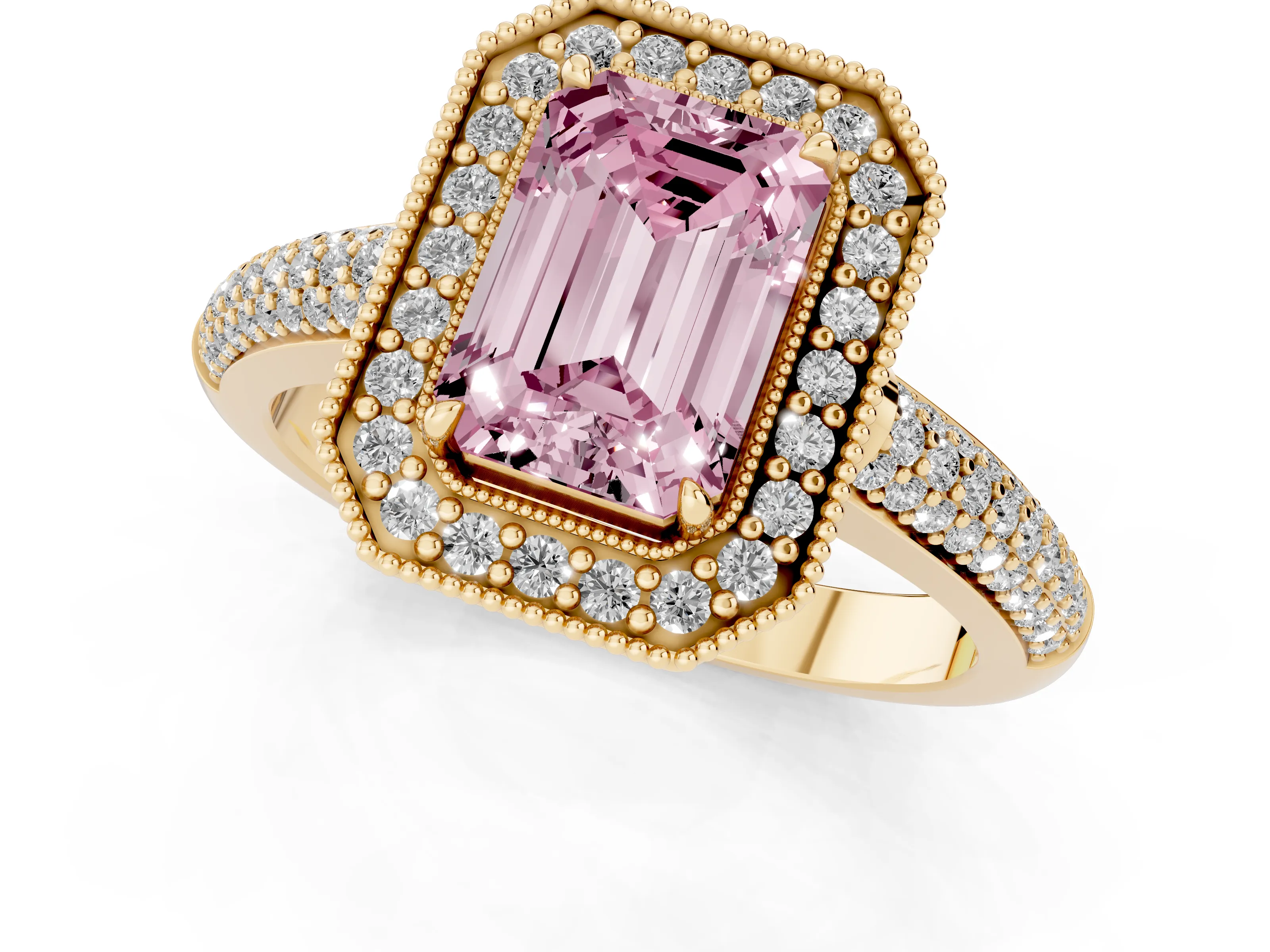 Fancy Pink Emerald Cut Diamond Halo Pavé Band Set in Yellow gold with Prong Setting