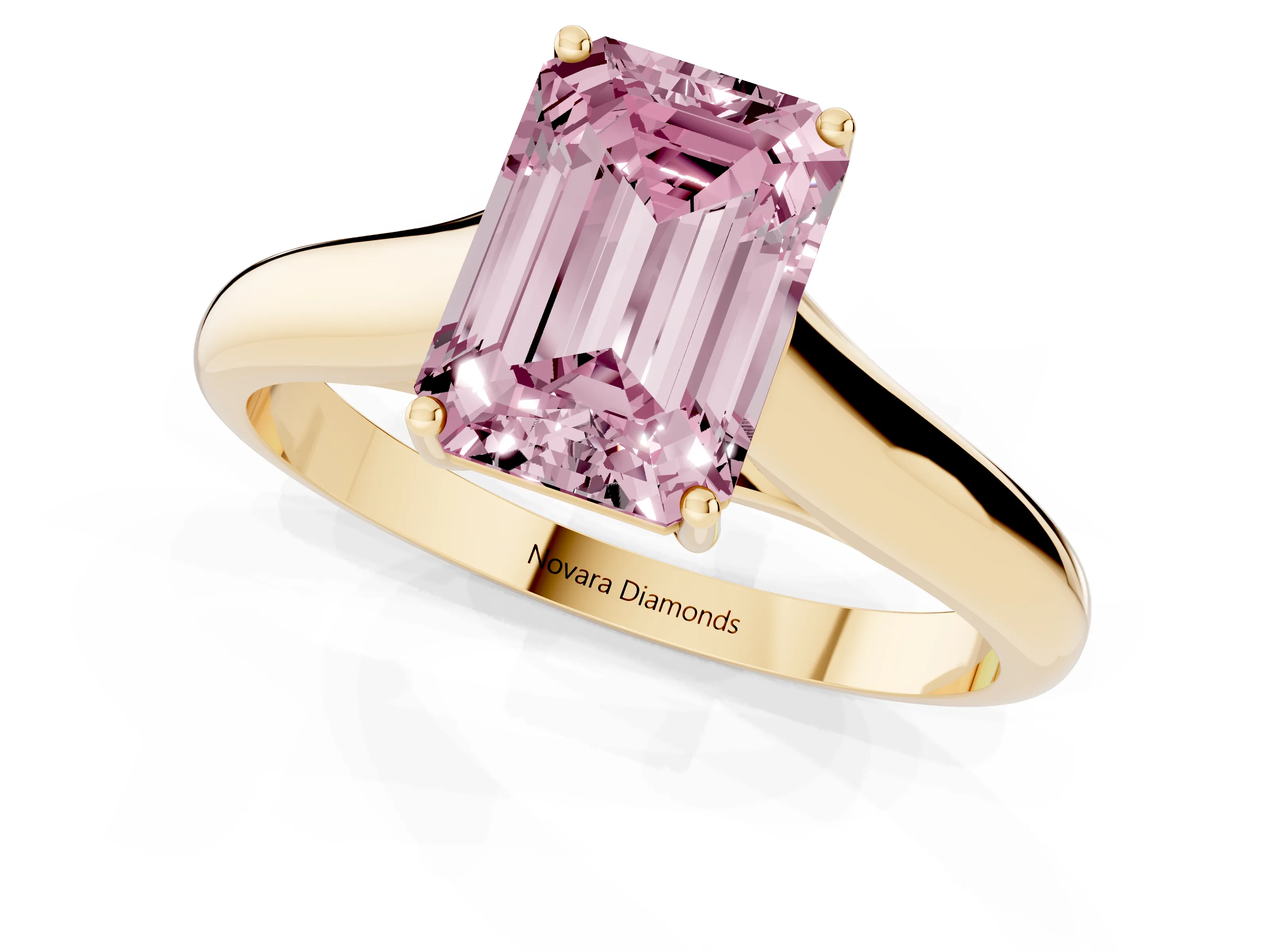 Fancy Pink Emerald Cut Diamond Solitaire Engagement Ring Set in Yellow gold with Subtly Tapered Band and Prong Setting