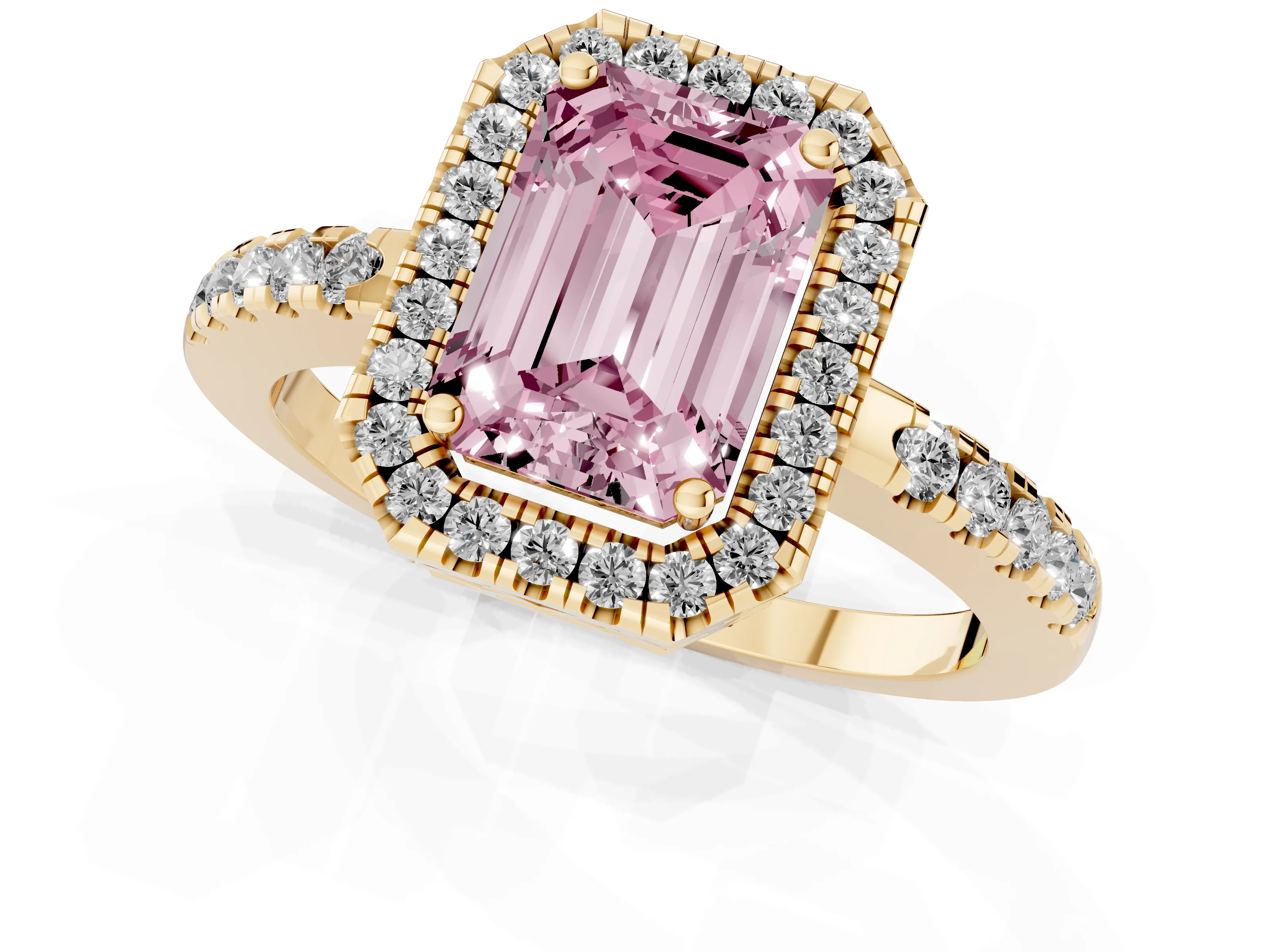 Fancy Pink Emerald Cut Diamond Pavé Band Halo Engagement Ring Set in Yellow gold with Prong Setting