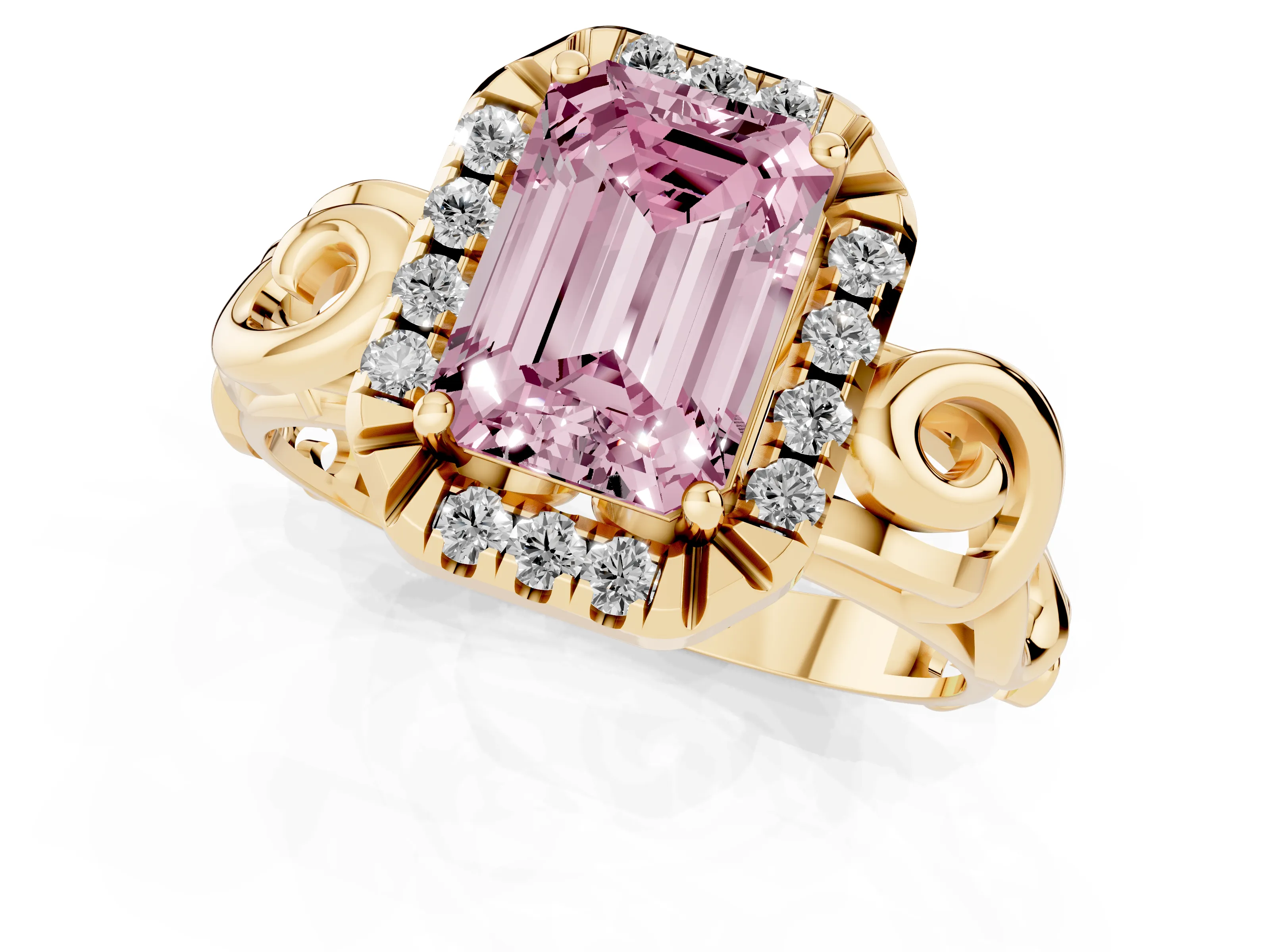 Fancy Pink Emerald Cut Diamond Halo Ring Set in Yellow gold with Scrollwork Band and Prong Setting