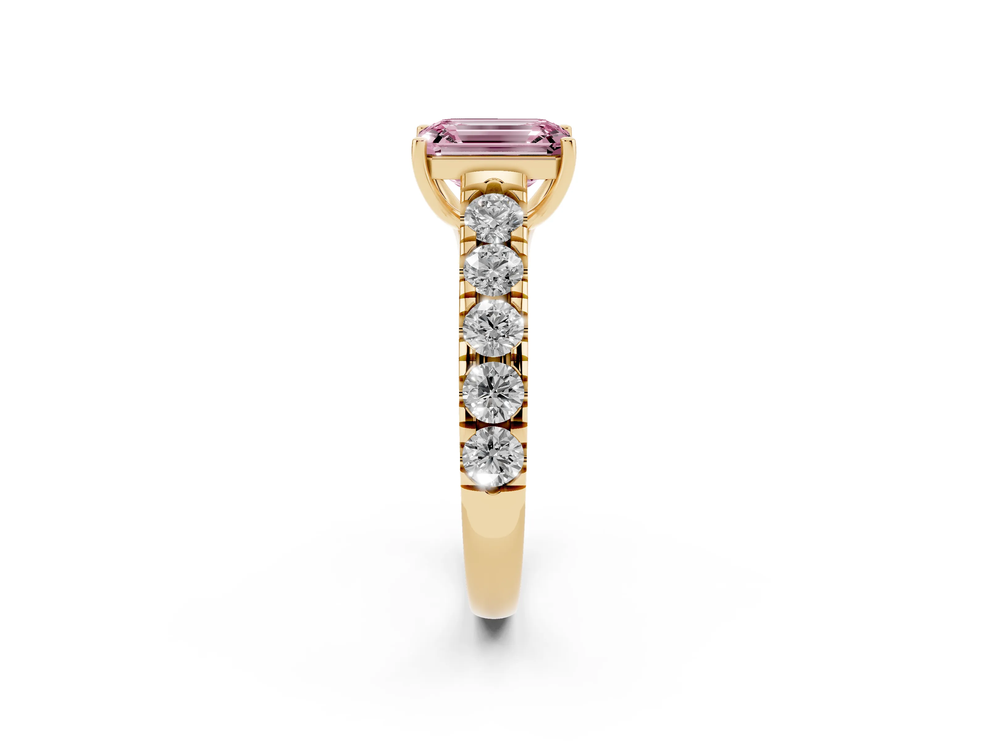 Fancy Pink Emerald Cut Diamond Solitaire Ring Set in Yellow gold with Cut-Down Micro Pavé Band and Prong Setting