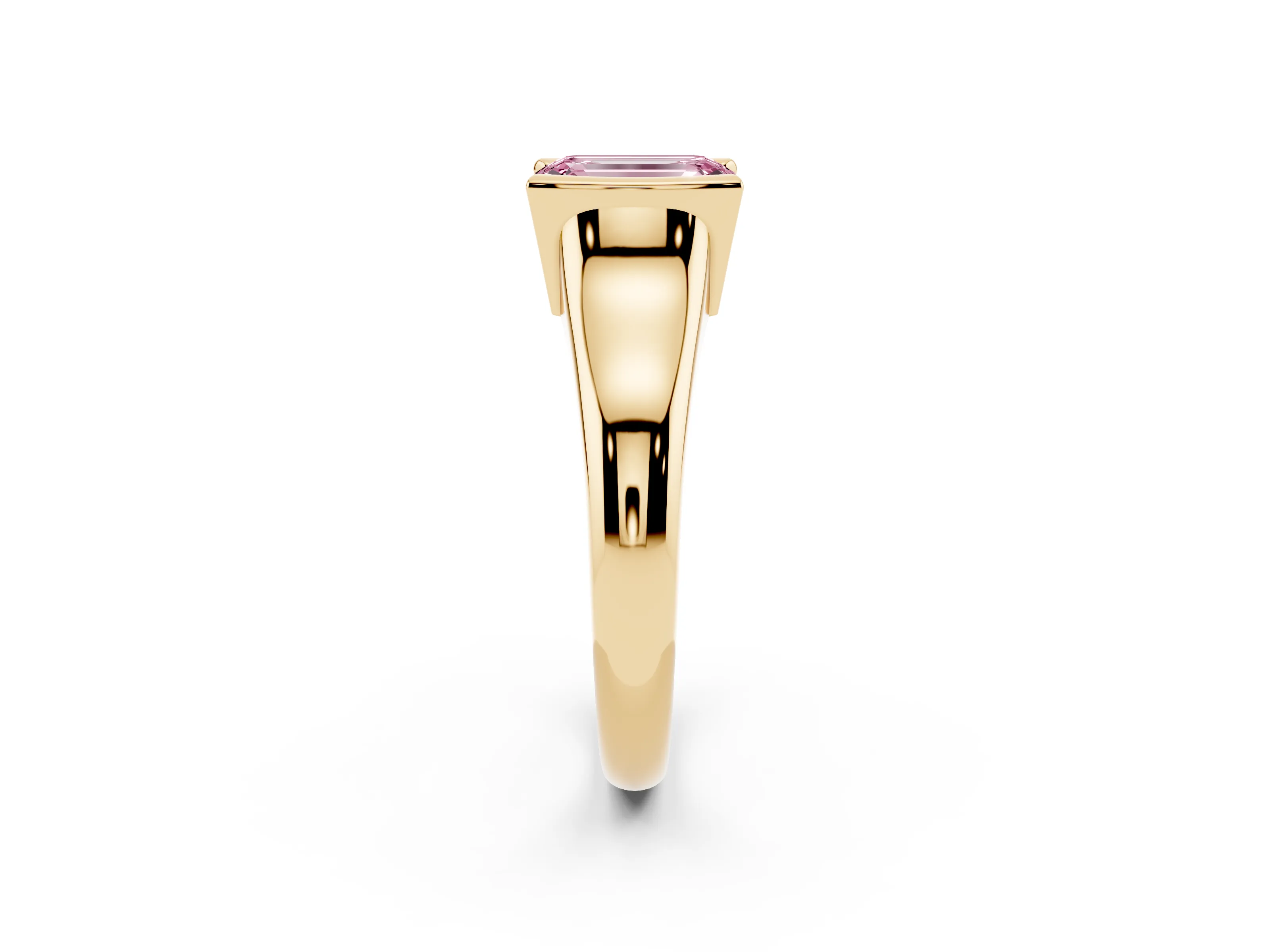 Fancy Pink Emerald Cut Diamond Solitaire Tension Set Ring Set in Yellow gold with Split Shank Band