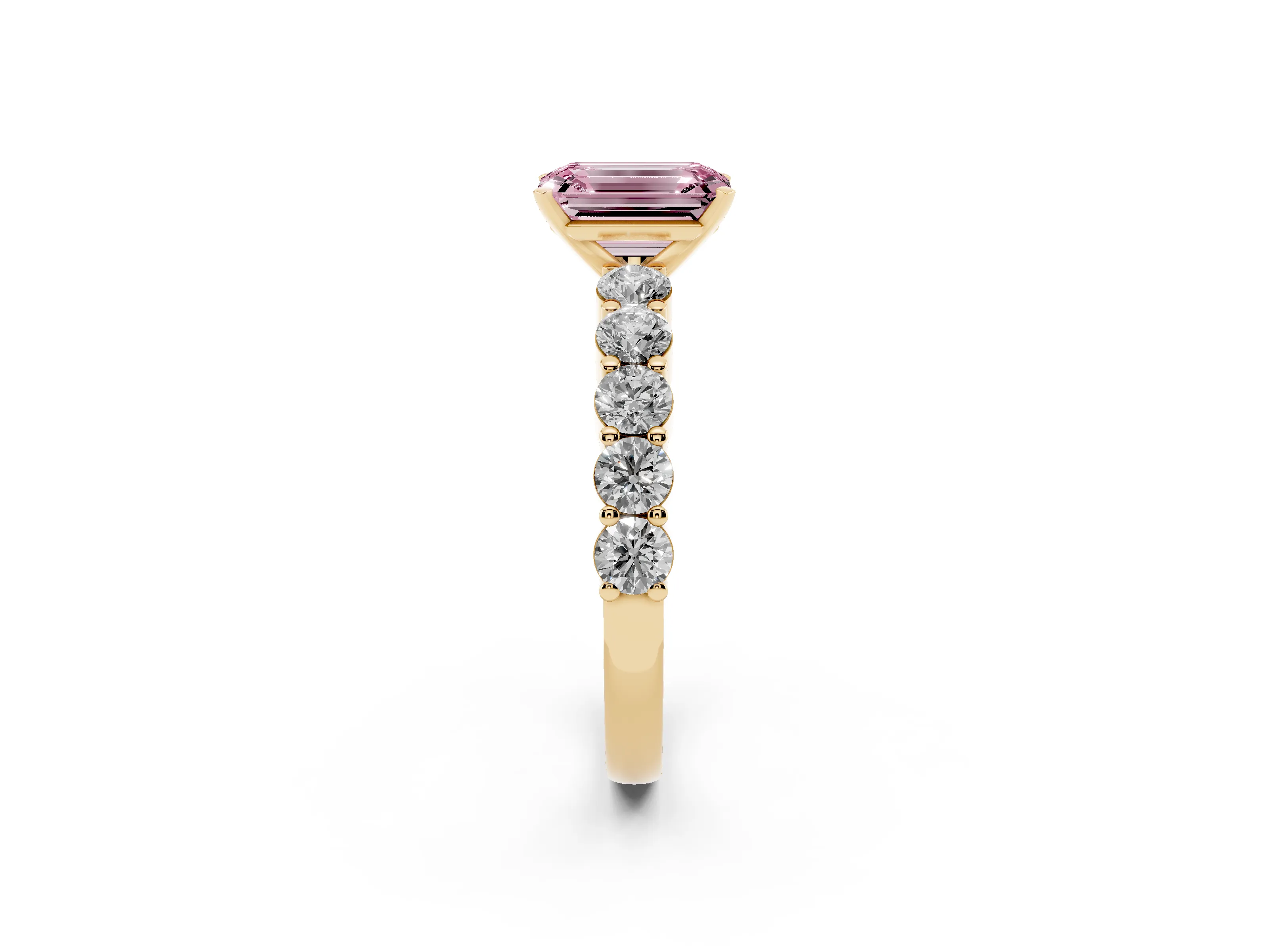 Fancy Pink Emerald Cut Diamond Solitaire Ring Set in Yellow gold with Shared Prong Round Side Stones