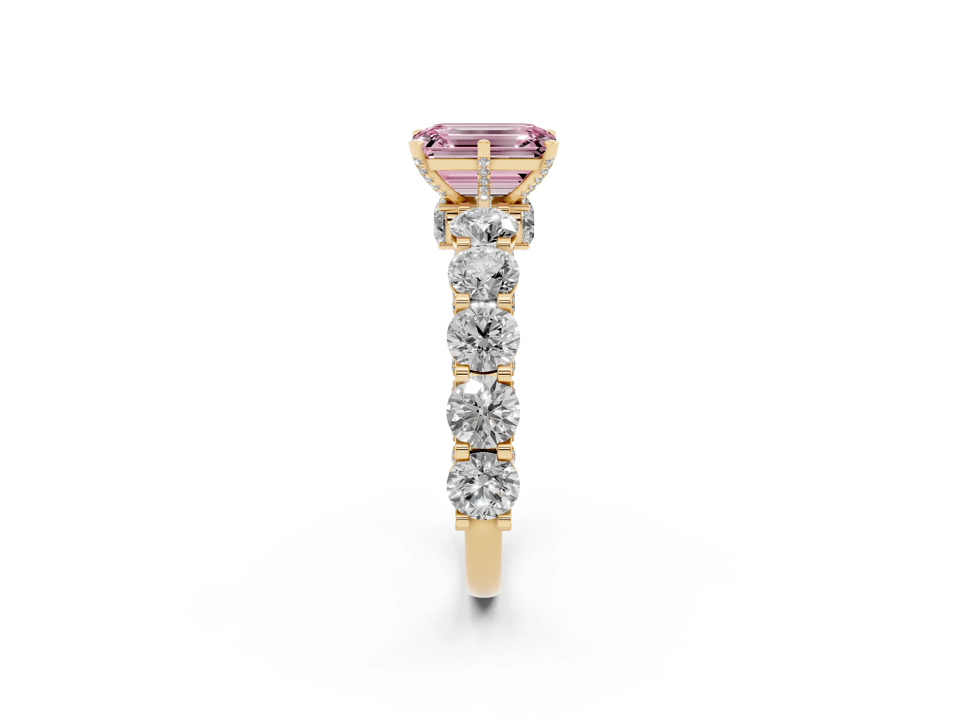 Fancy Pink Emerald Cut Diamond Side Stone Ring Set in Yellow gold with Alternating Round and Oval Side Stones