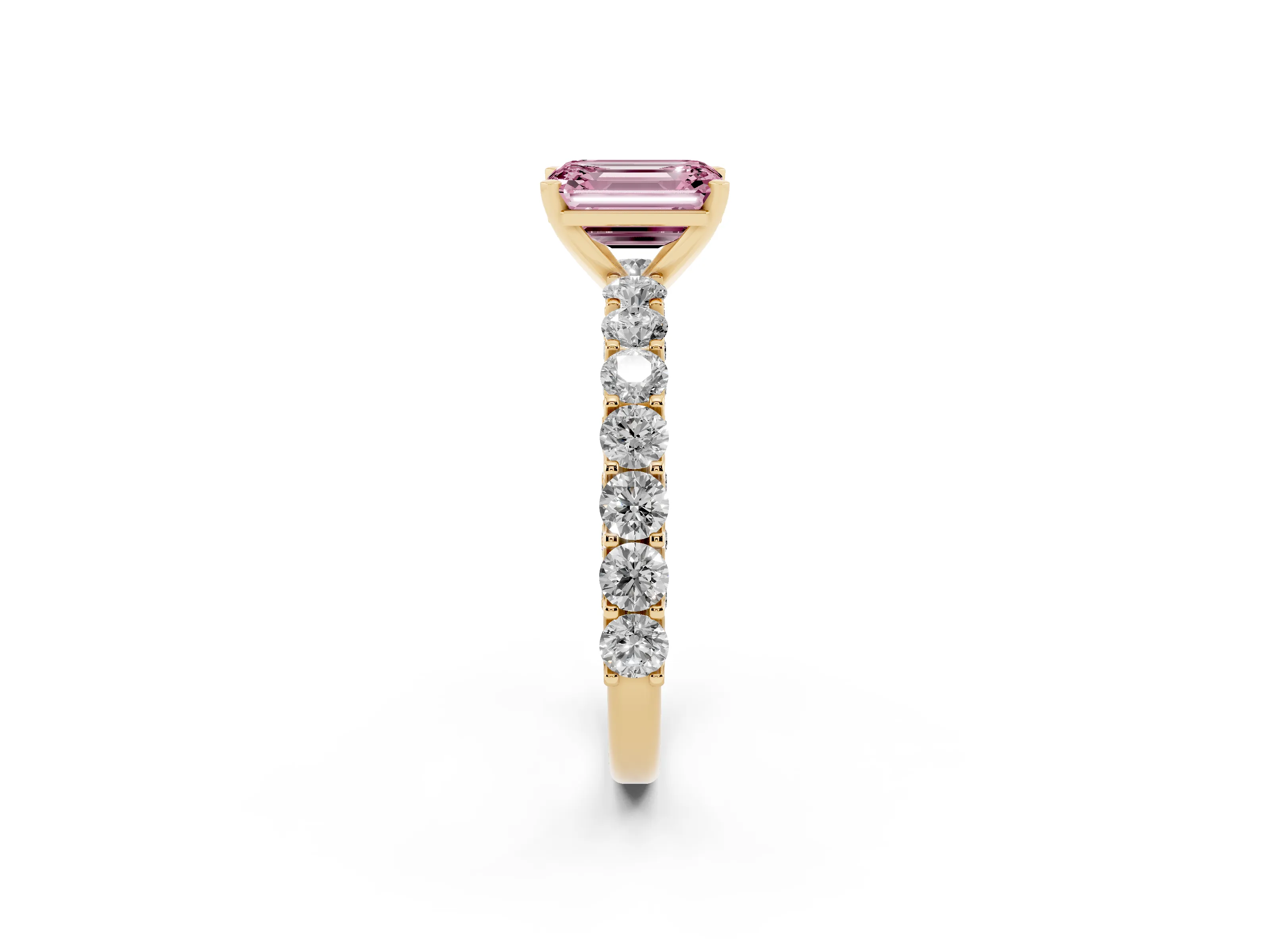 Fancy Pink Emerald Cut Diamond Solitaire Ring Set in Yellow gold with Shared Prong Pavé Band
