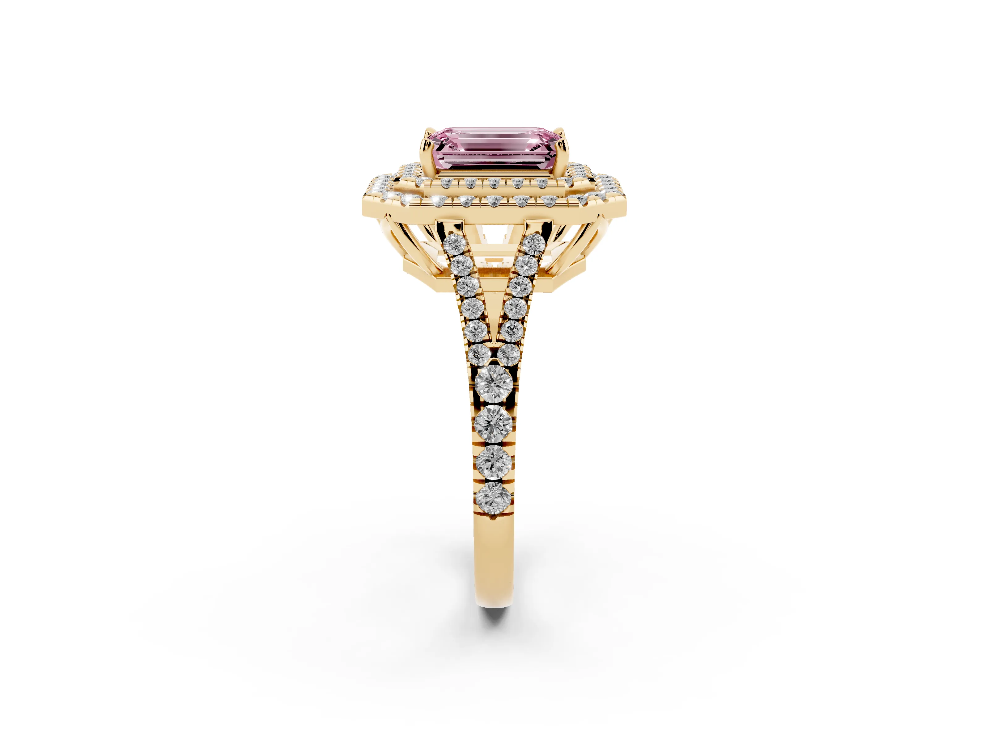 Fancy Pink Emerald Cut Diamond Double Halo Ring Set in Yellow gold with Pavé Band