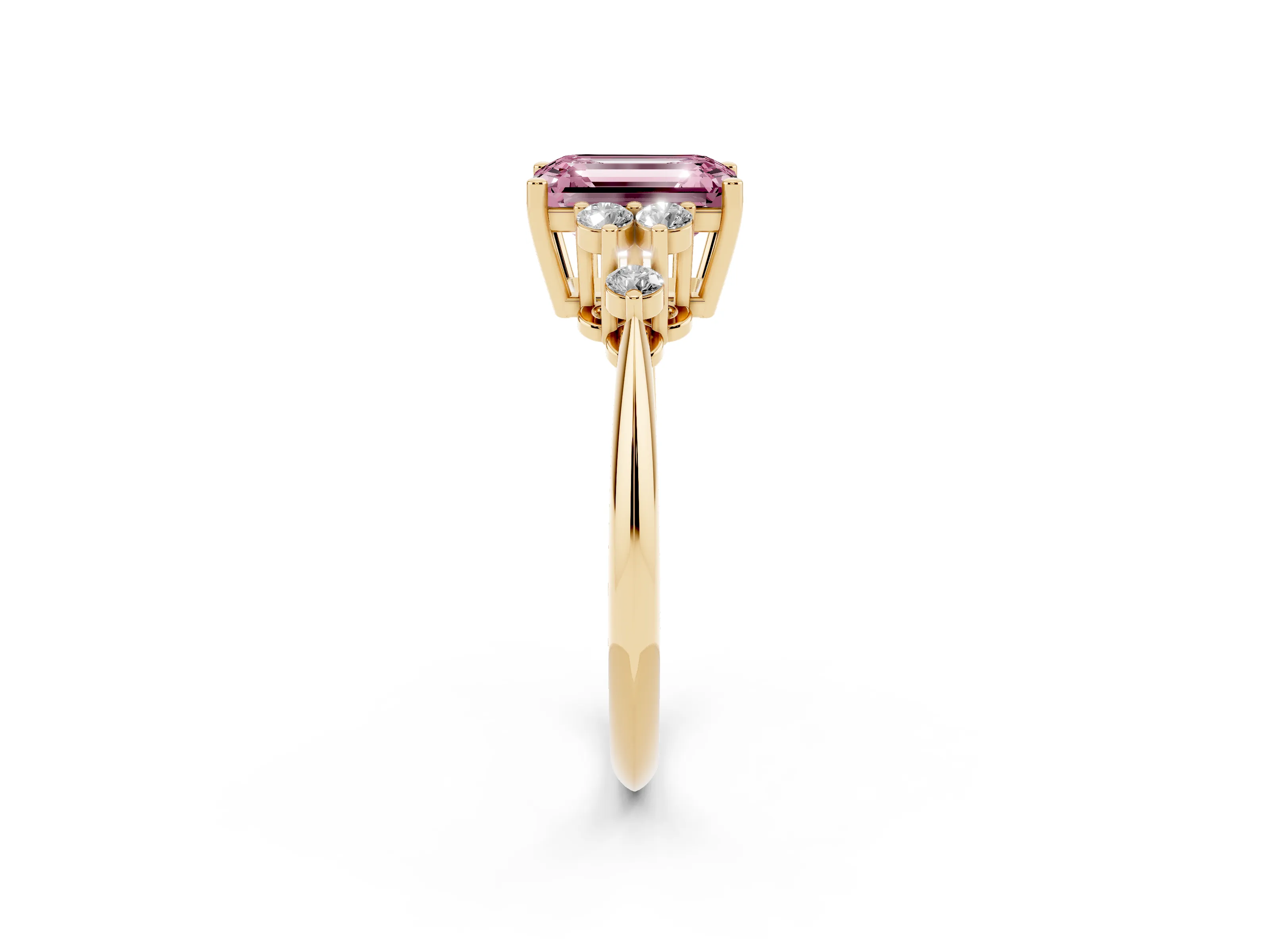 Fancy Pink Emerald Cut Diamond Cluster Ring Set in Yellow gold with Plain Band and Prong Setting