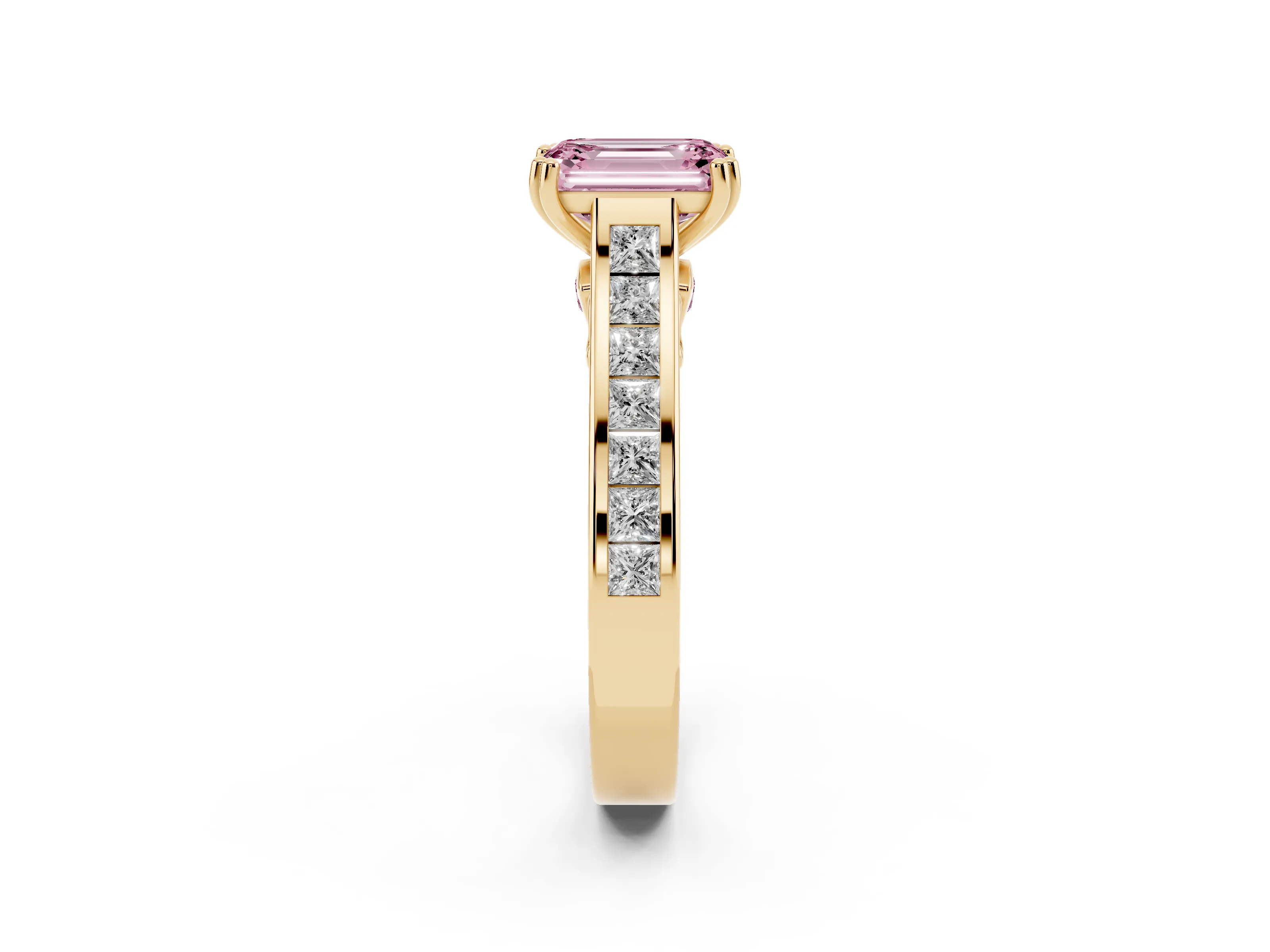 Fancy Pink Emerald Cut Diamond Channel Set Solitaire Engagement Ring Set in Yellow gold with Prong Setting