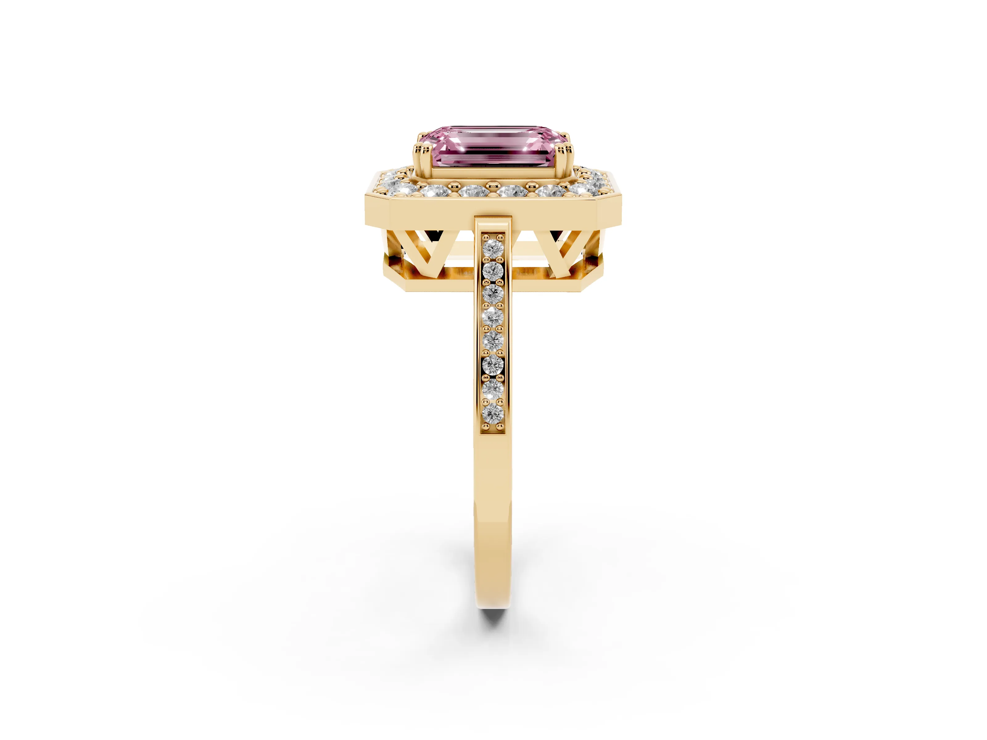 Fancy Pink Emerald Cut Diamond Halo Ring Set in Yellow gold with Accent-Lined Split Shank and Prong Setting