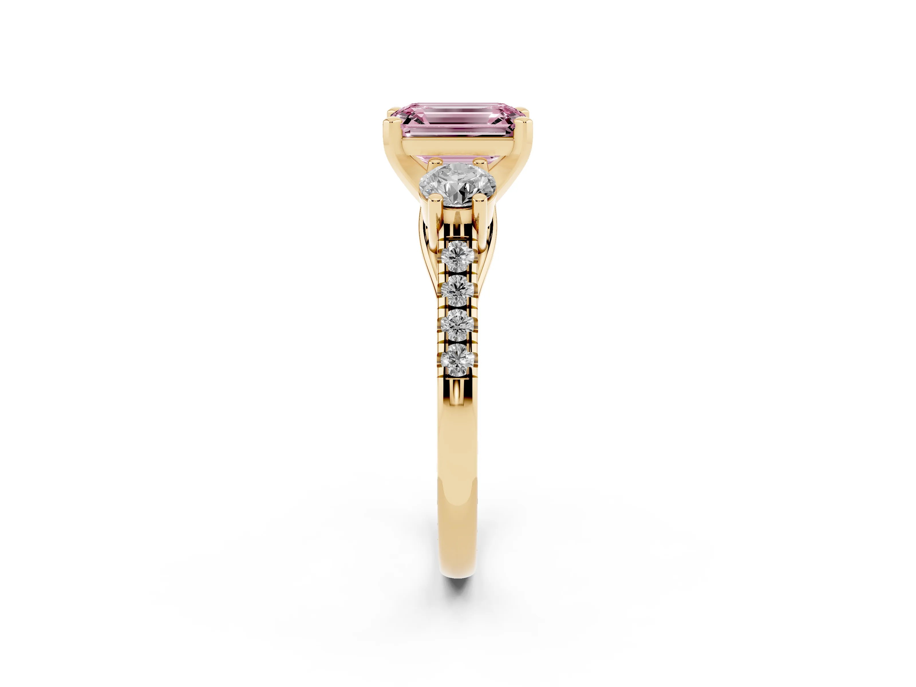 Fancy Pink Three-Stone Emerald Cut Diamond Pavé Band Ring Set in Yellow gold with Prong-Set Trio