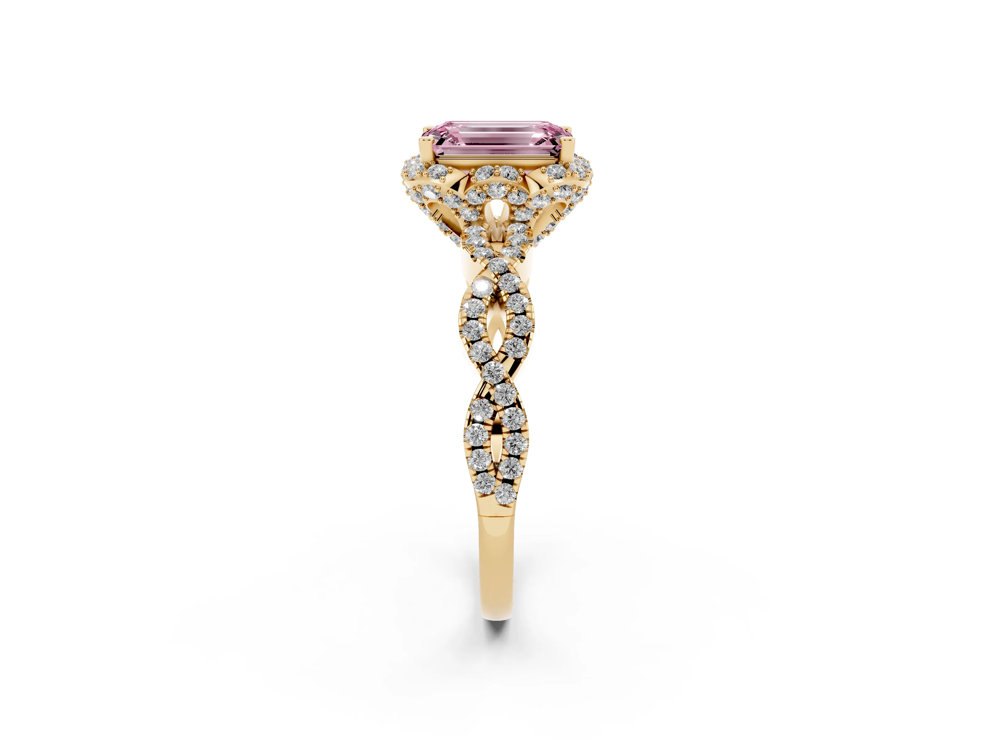 Fancy Pink Emerald Cut Diamond Halo Twist Band Solitaire Ring Set in Yellow gold with Prong-Set Center Stone