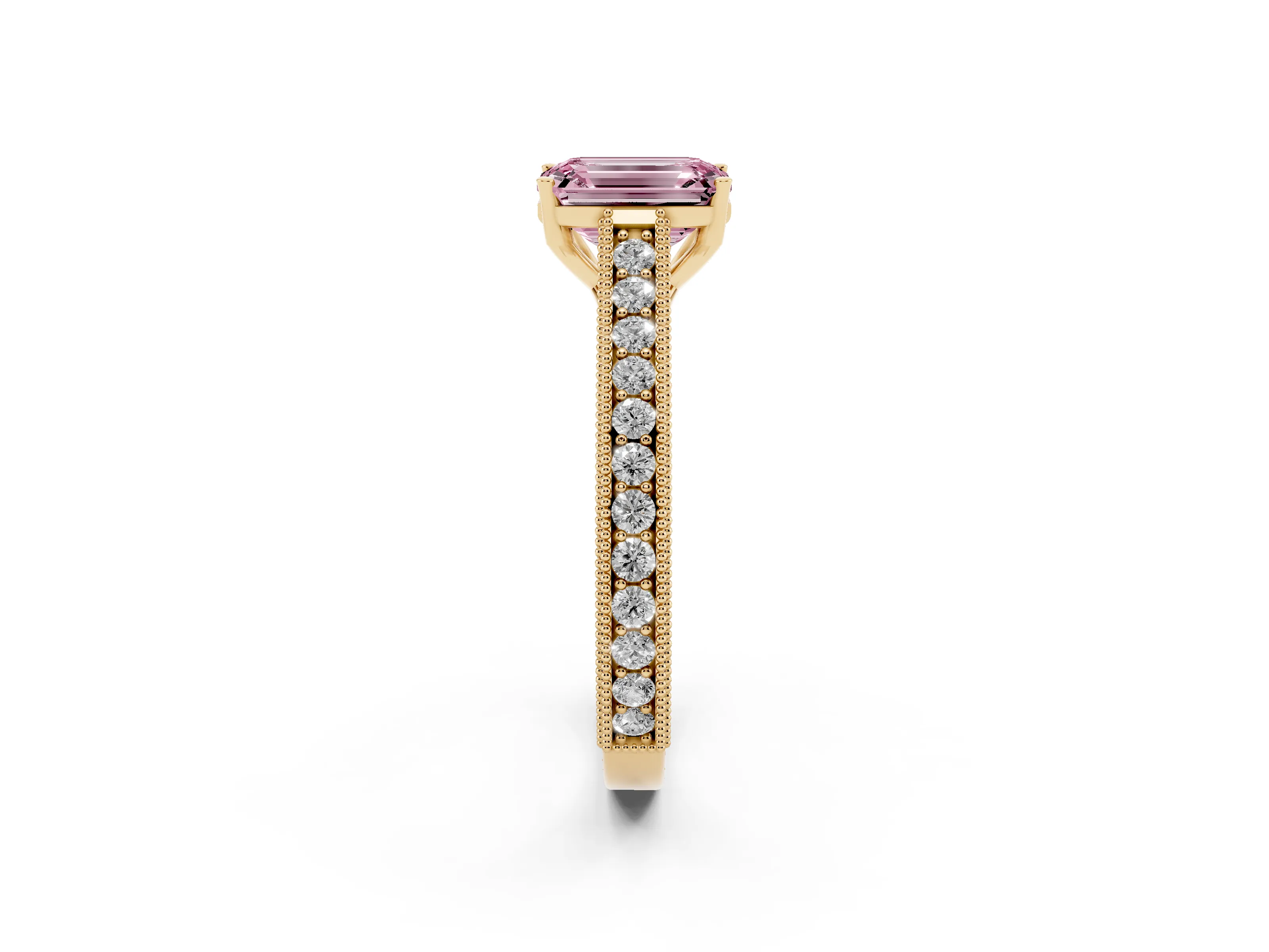 Fancy Pink Emerald Cut Diamond Milgrain Pavé Band Solitaire Ring Set in Yellow gold with Prong Setting