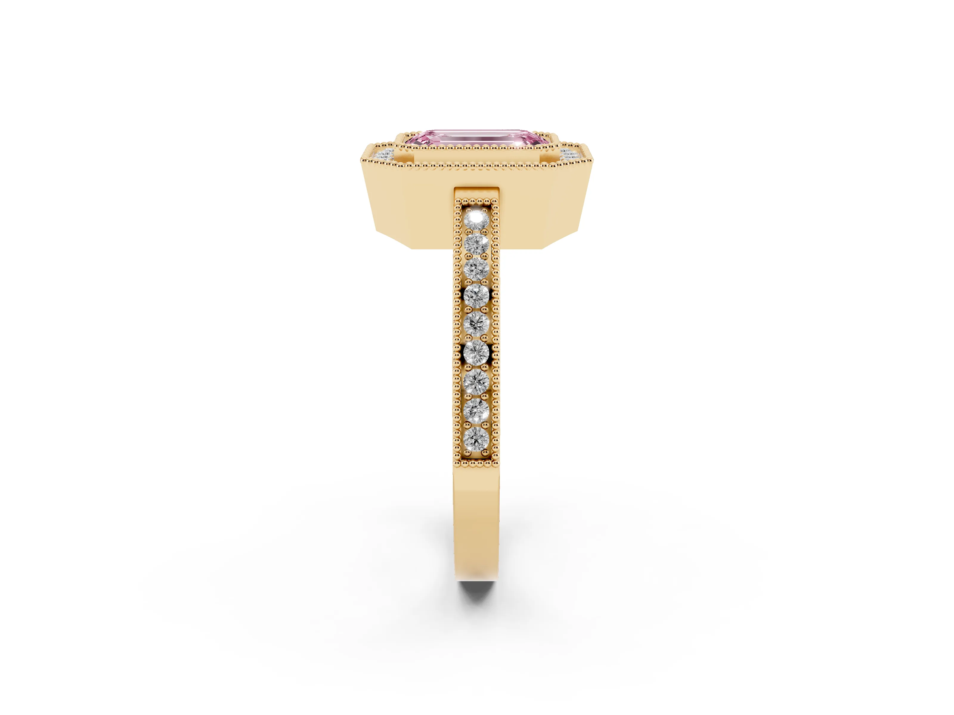 Fancy Pink Emerald Cut Diamond Halo Ring Set in Yellow gold with Pavé Band and Milgrain-Edged Prongs