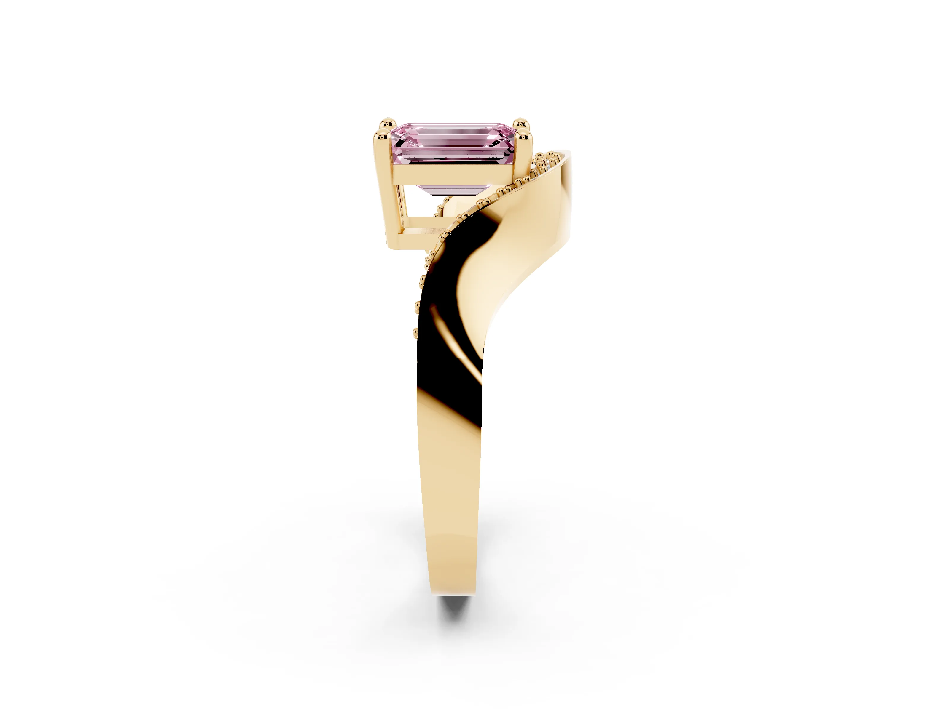 Fancy Pink Emerald Cut Diamond Solitaire Engagement Ring Set in Yellow gold with Pavé Shoulders