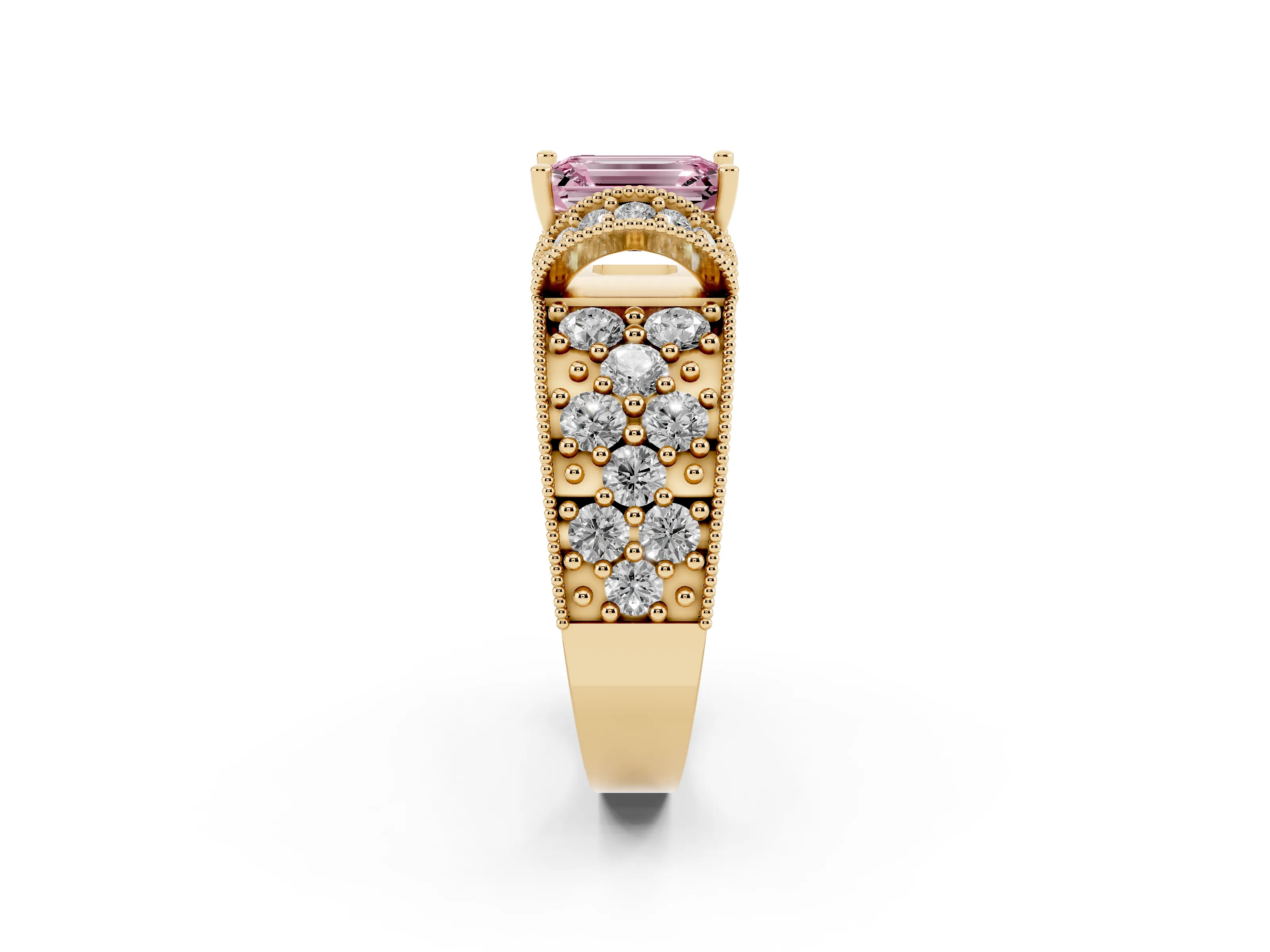 Fancy Pink Emerald Cut Diamond Milgrain Halo Pavé Engagement Ring Set in Yellow gold with Prong Setting