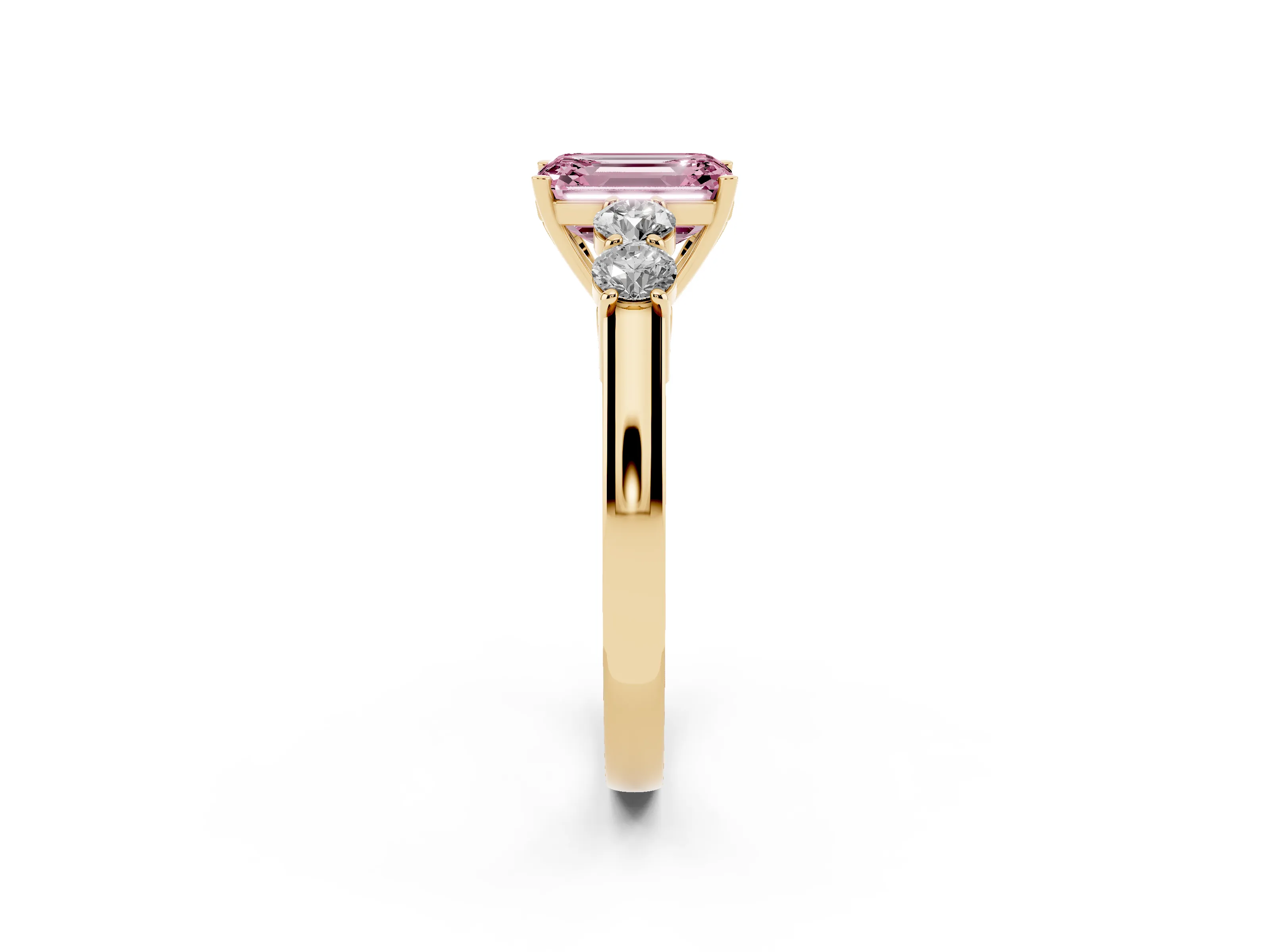 Fancy Pink Emerald Cut Diamond Five-Stone Prong Set Band Ring Set in Yellow gold with Polished Band