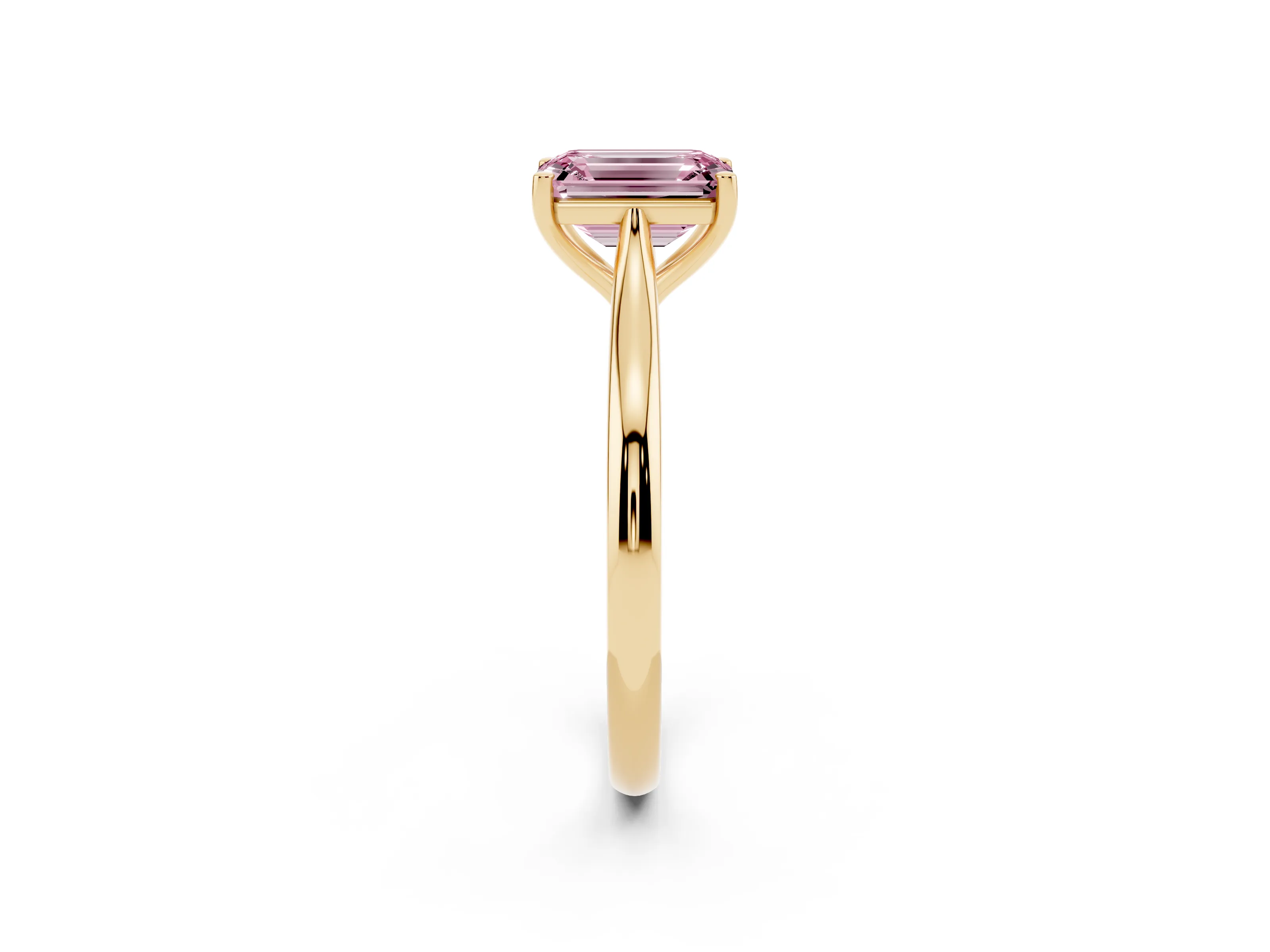 Fancy Pink Emerald Cut Diamond Solitaire Ring Set in Yellow gold with Cathedral Band and Prong Setting