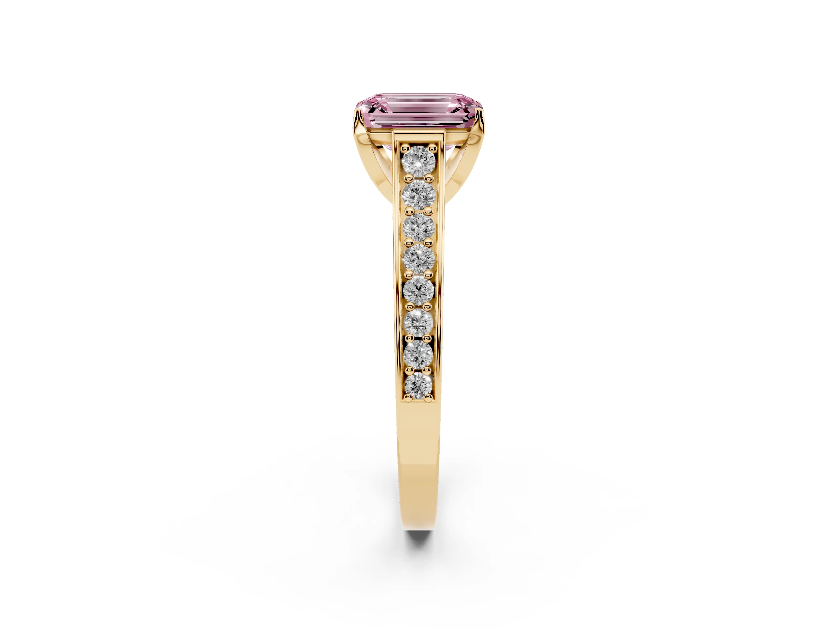 Fancy Pink Emerald Cut Diamond Solitaire Pavé Engagement Ring Set in Yellow gold with Prong Setting