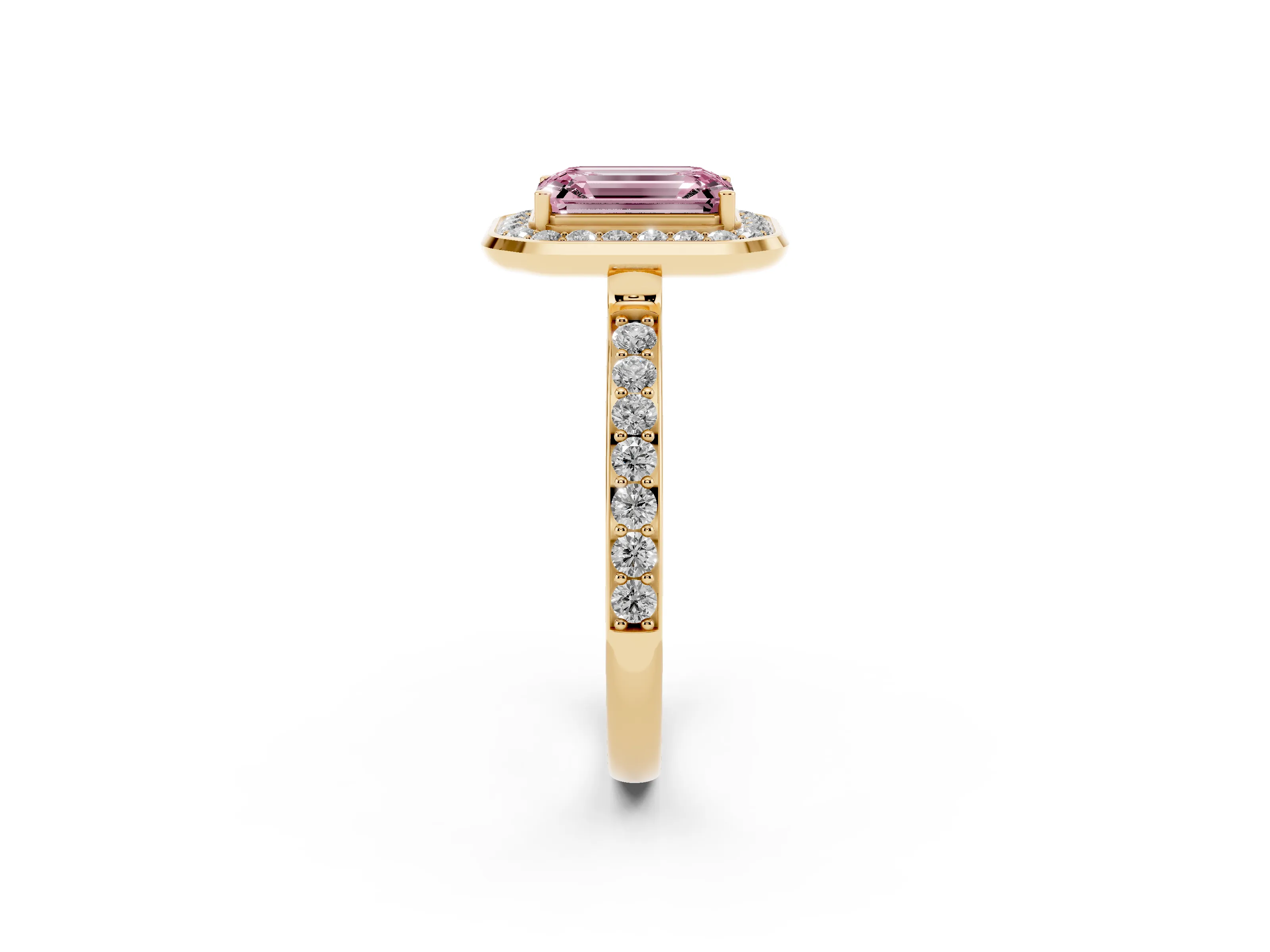 Fancy Pink Emerald Cut Diamond Halo Ring Set in Yellow gold with Bezel Frame and Pavé Band